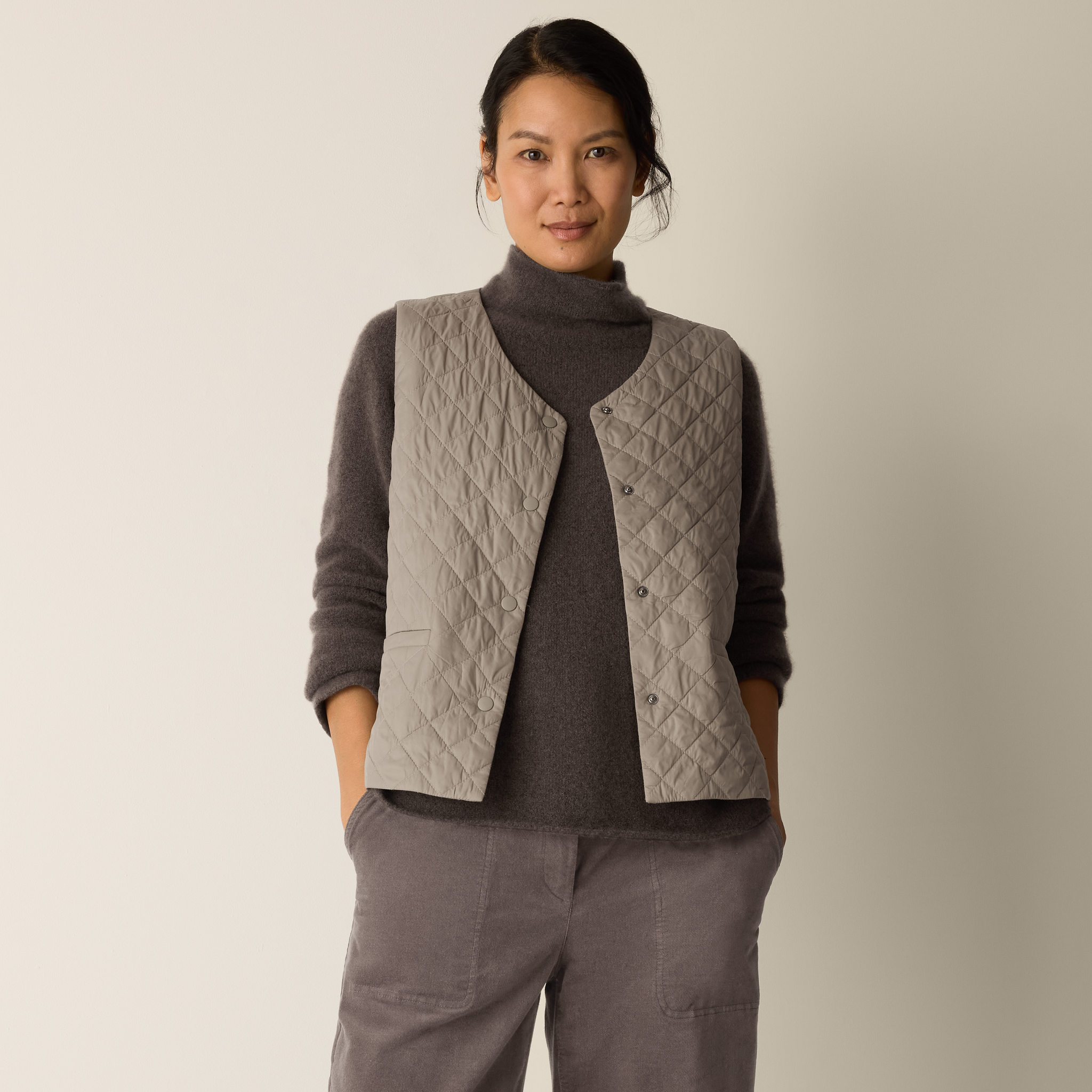 Eggshell Recycled Nylon Quilted V-Neck Vest