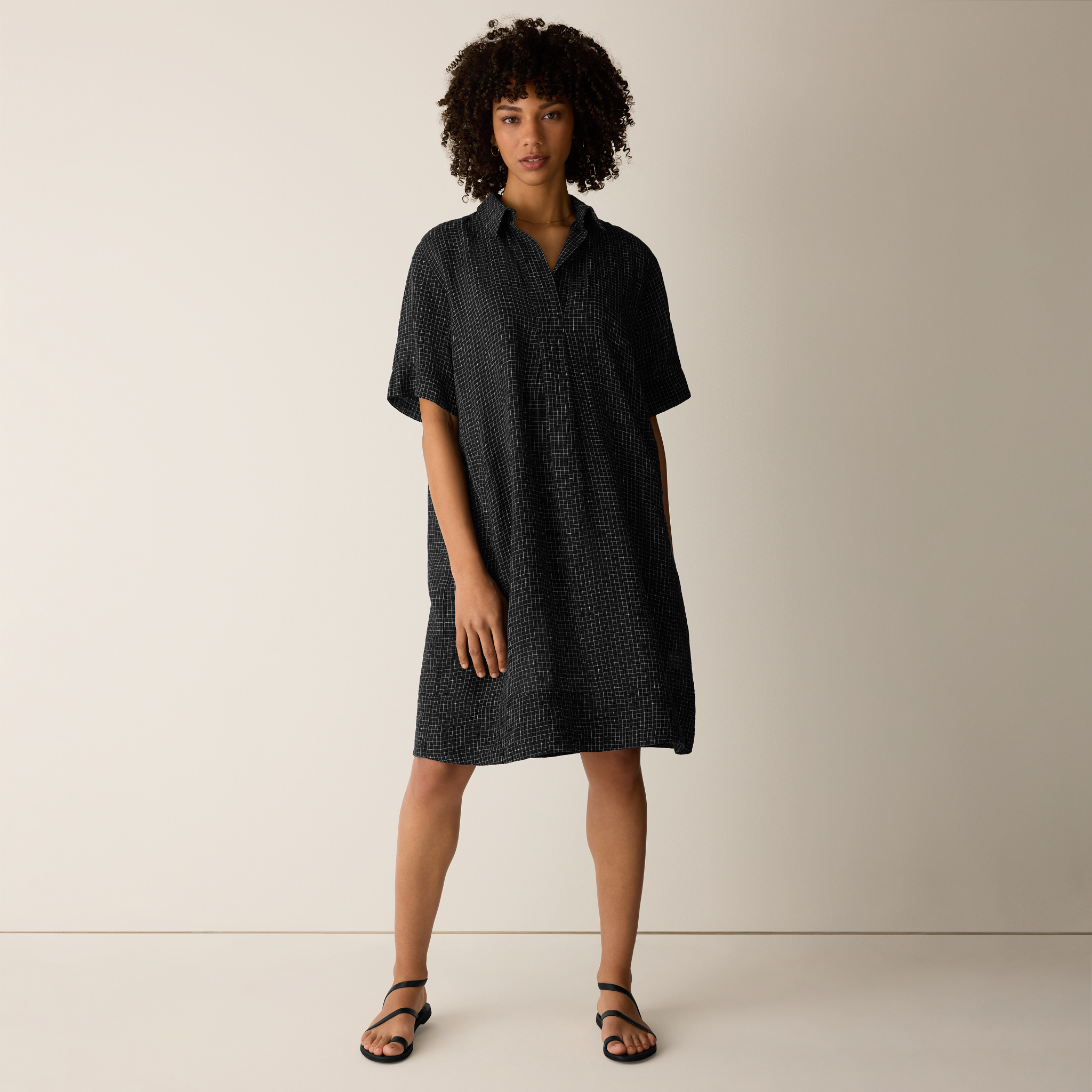 Eileen Fisher - Women's Puckered Organic Linen Grid Classic Collar Dress - Black - Size: 2X regular