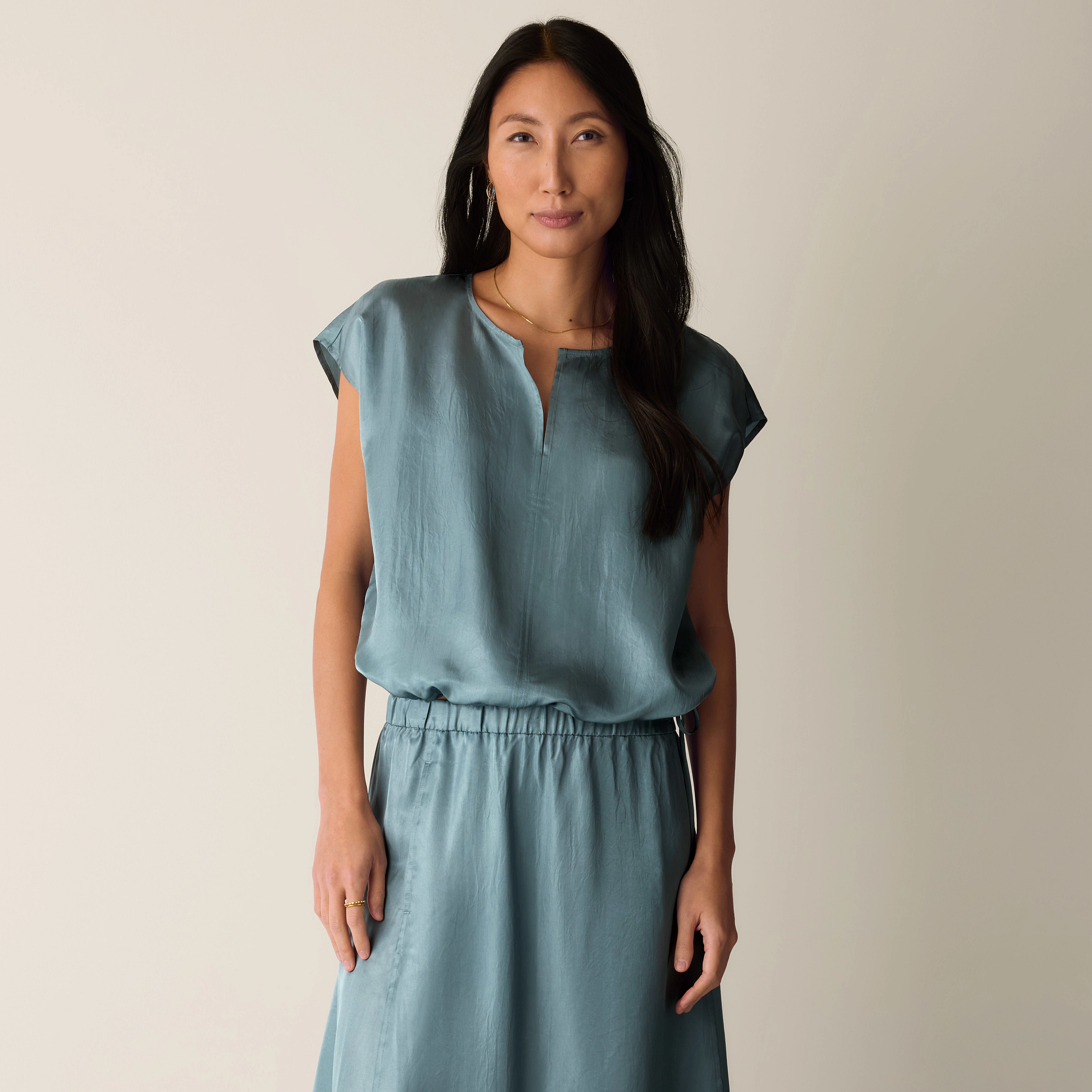 Lightweight Satin Shimmer Split Neck Top from EILEEN FISHER - $188