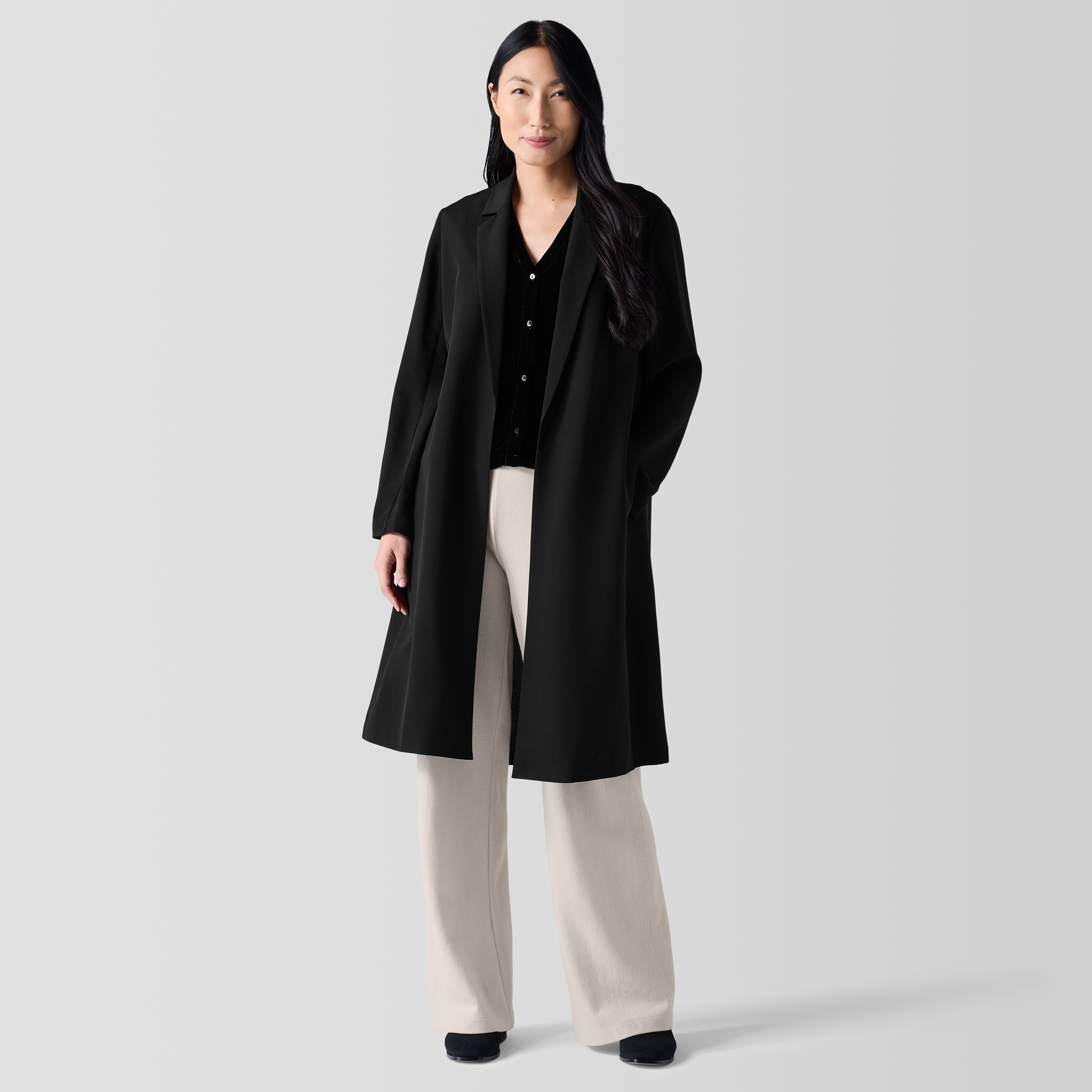 ジャケット A FERRETTI FW23 Black crepe blazer (A05216621 0555) Silk Double Crepe Long Blazer | EILEEN FISHER