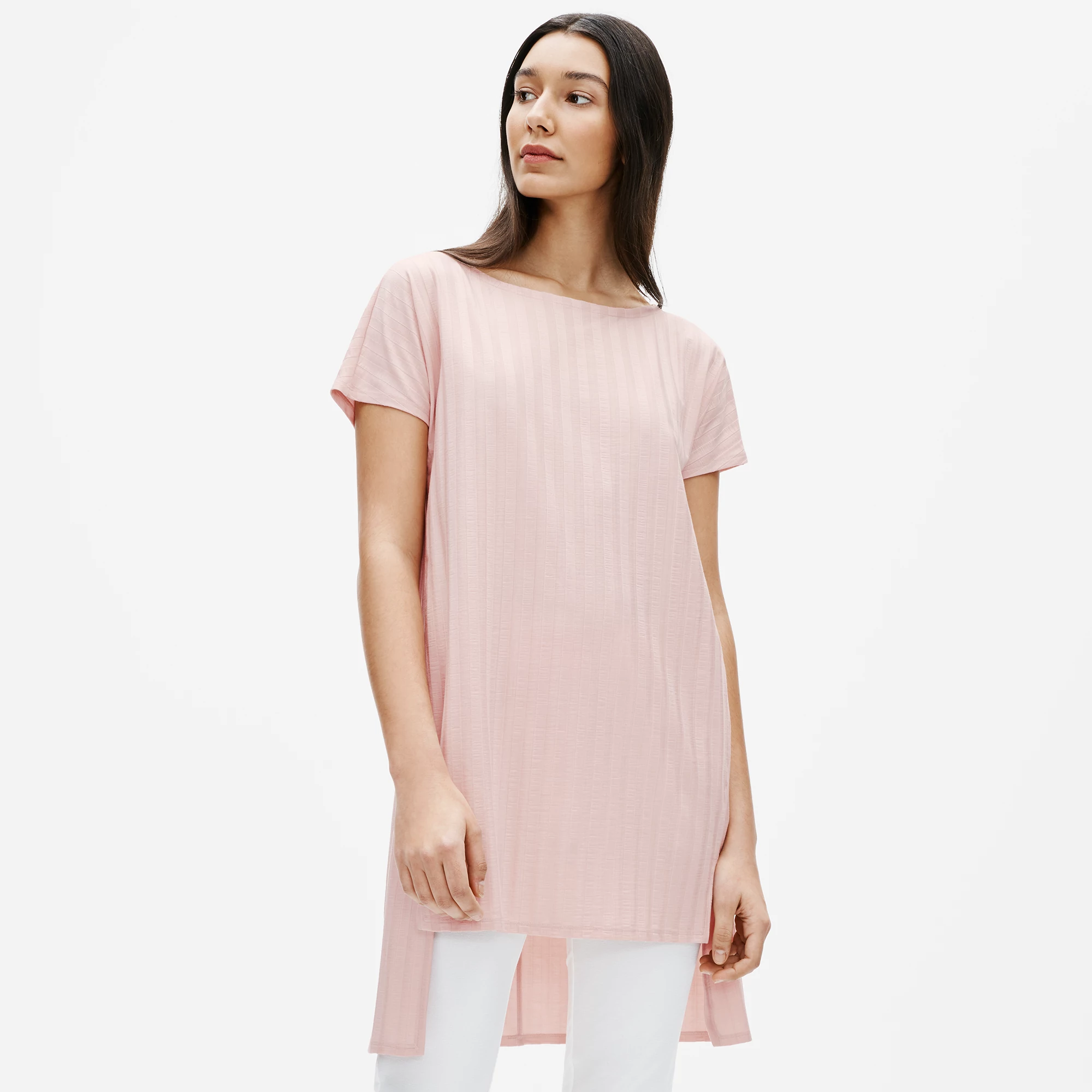 EILEEN FISHER Womens Red Textured Pinstripe Crew Neck Tunic Sweater