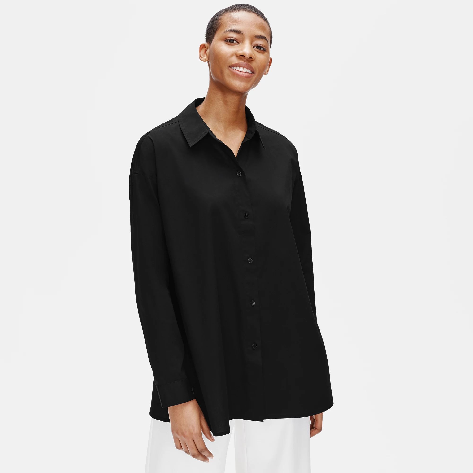 (取寄) アイリーン フィッシャー レディース クラシック カラー シャツ Eileen Fisher women Classic Collar Shirt Pale Sky Washed Organic Cotton Poplin Classic Collar Long Shirt