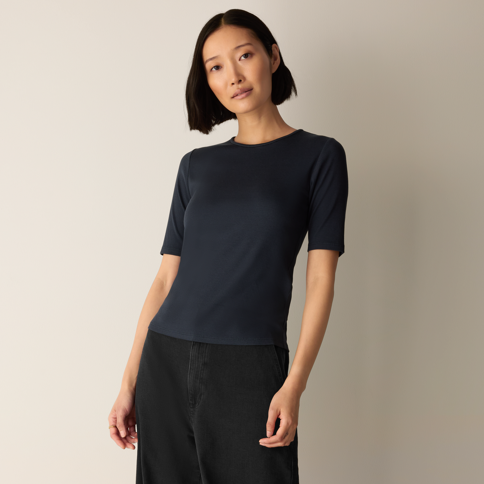 Elle Teresa チビT Tシャツ ブラック S Organic Cotton Stretch Rib Crew Neck Tee | EILEEN FISHER