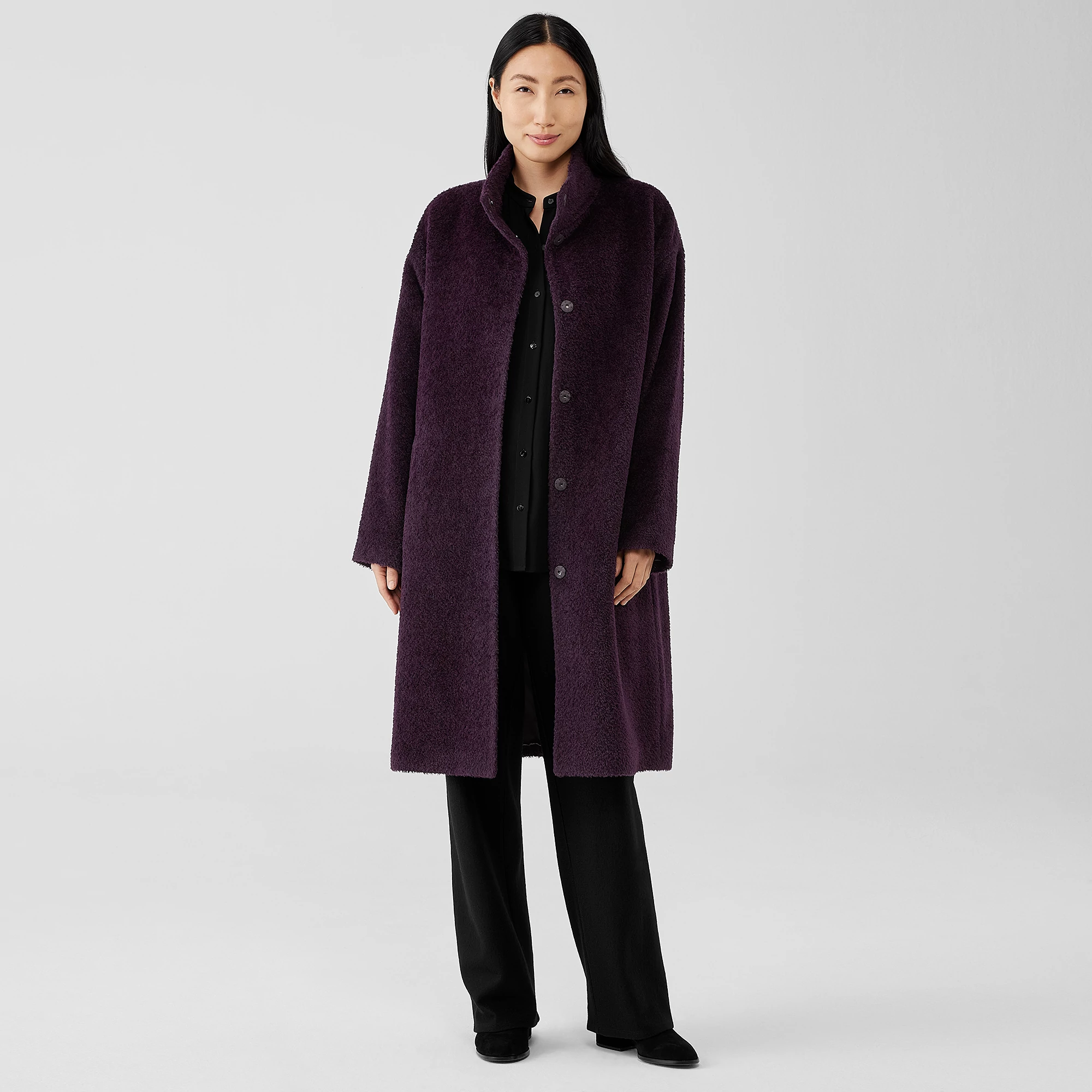 Sheared Suri Alpaca Stand Collar Coat | EILEEN FISHER