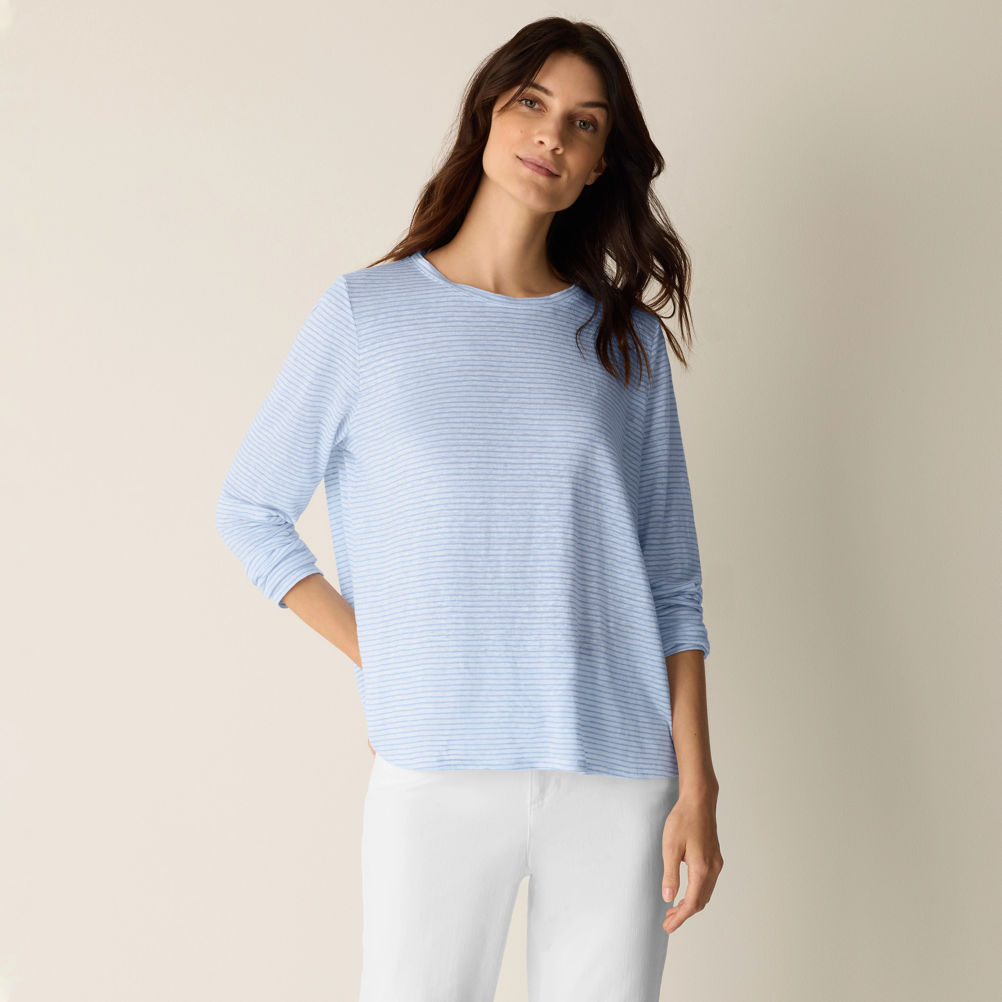 Striped Organic Linen Jersey Long-Sleeve Tee from EILEEN FISHER - $138