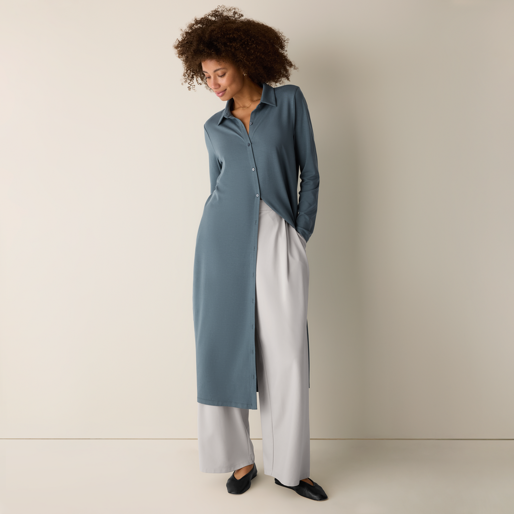 Stretch Jersey Knit Classic Collar Oval Dress from EILEEN FISHER - $198