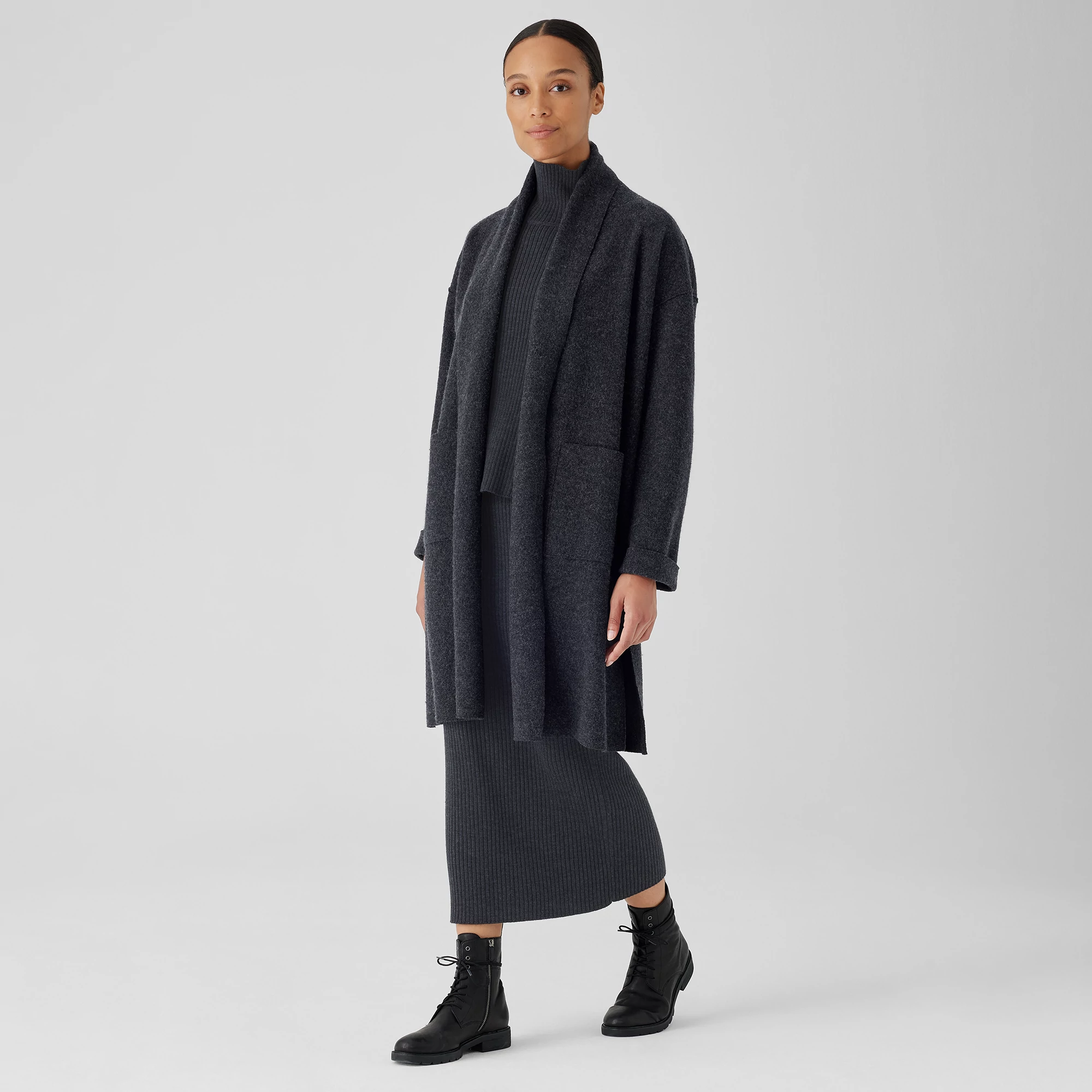 Lightweight Boiled Wool High Collar Coat in Regenerative Wool | EILEEN ...