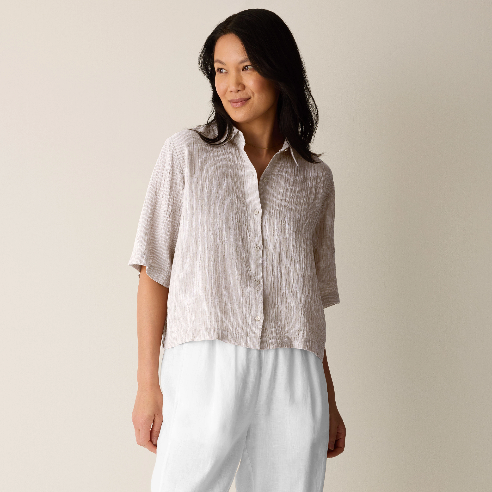 Puckered Organic Linen Stripe Elbow-Sleeve Shirt from EILEEN FISHER - $158