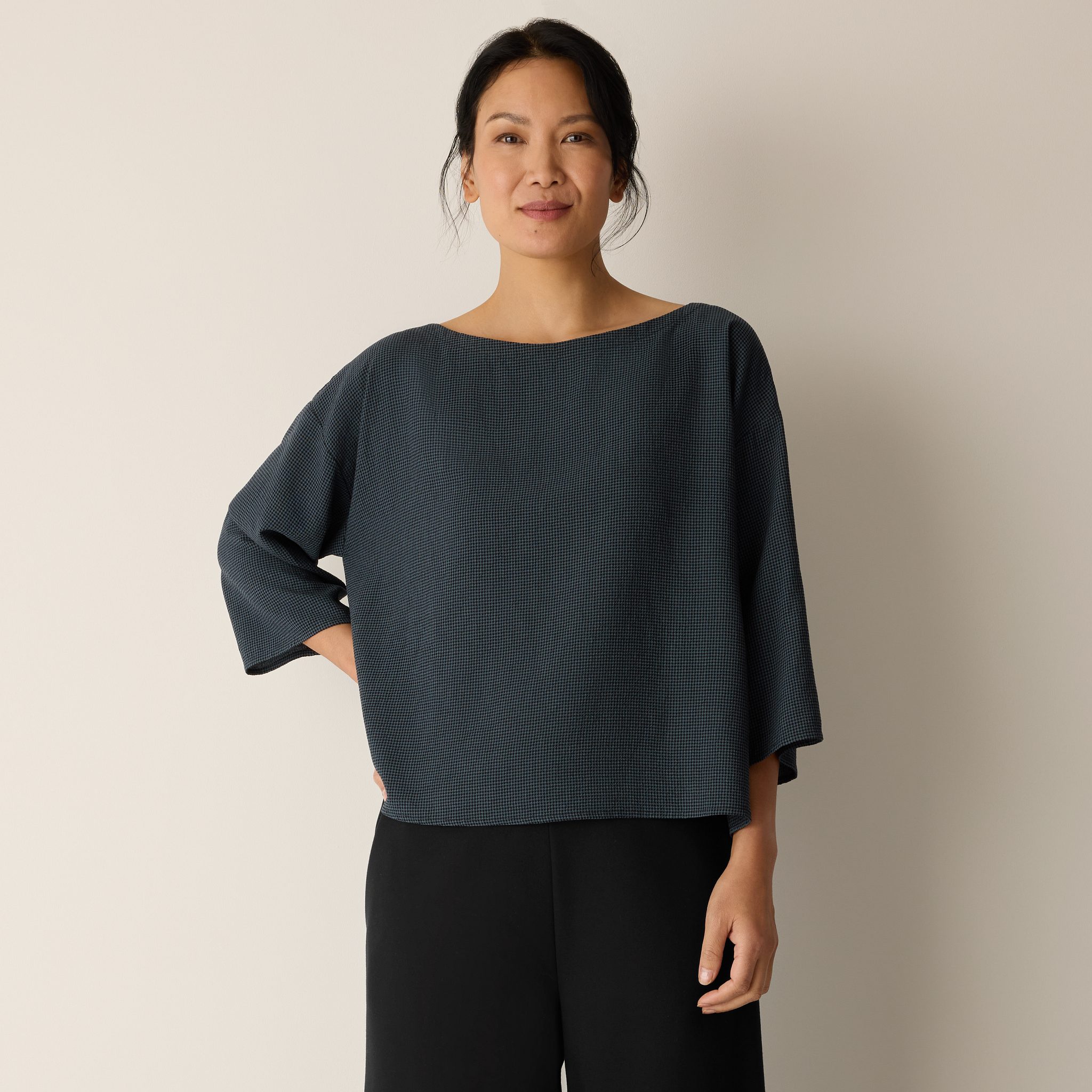 Mini Check Crepe Bateau Neck Box-Top from EILEEN FISHER - $168