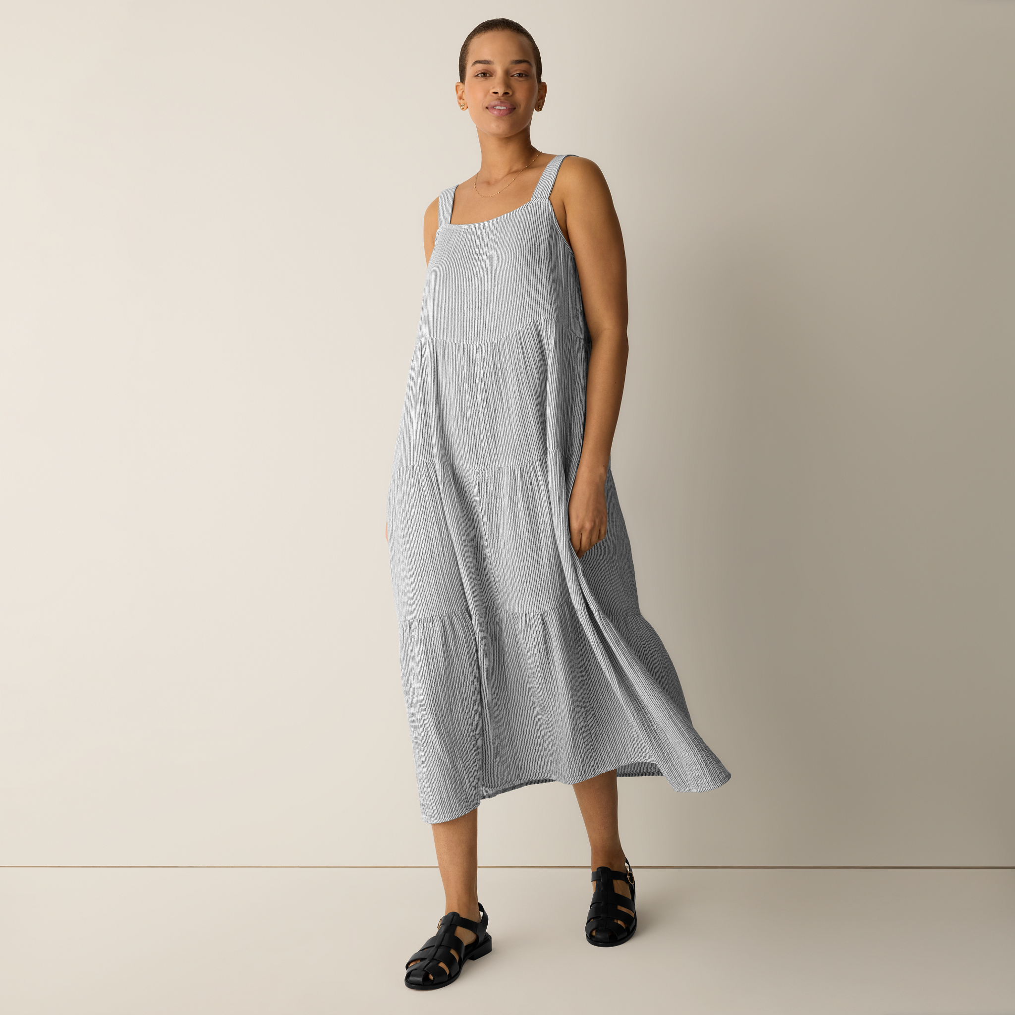 Striped Organic Cotton Gauze Tiered Dress from EILEEN FISHER - $188