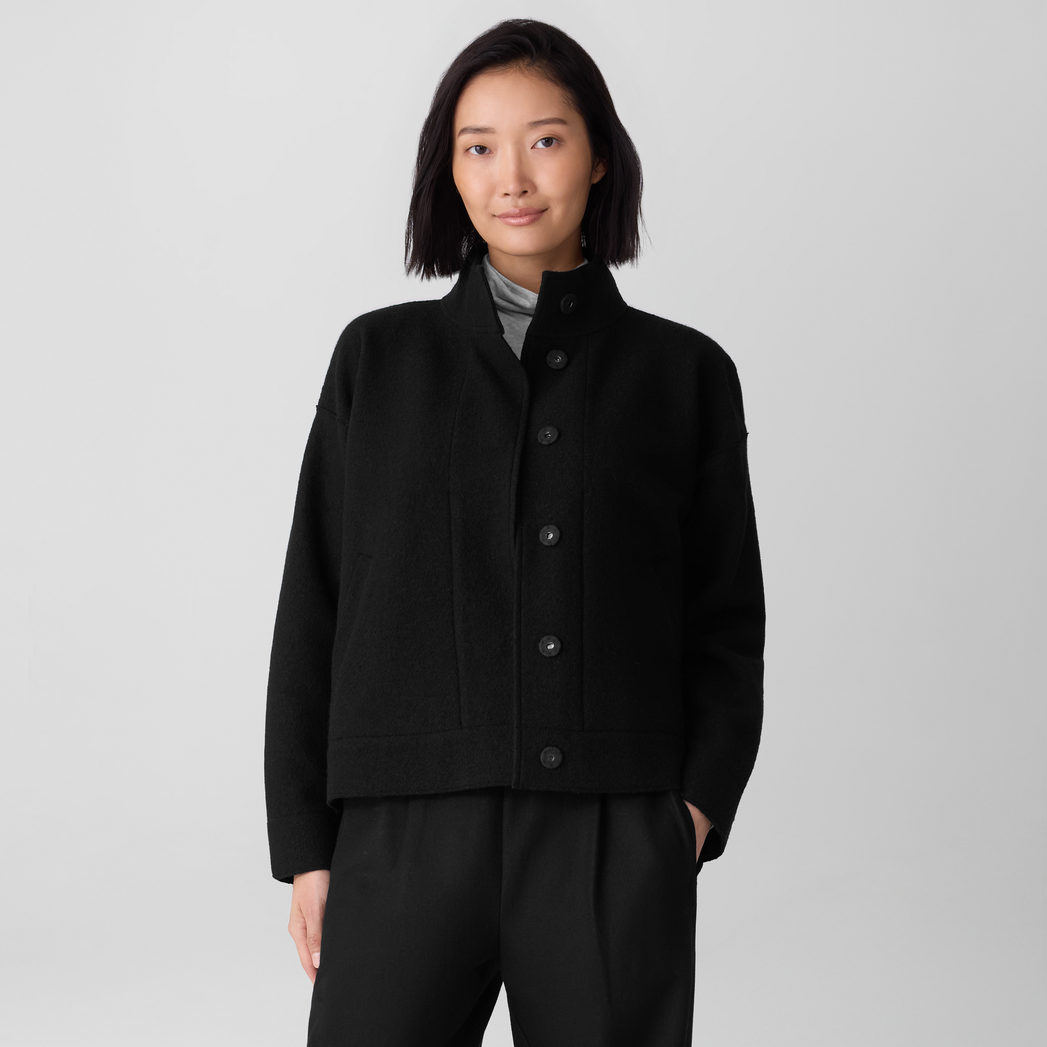 Lightweight Boiled Wool Stand Collar Jacket in Regenerative Wool
