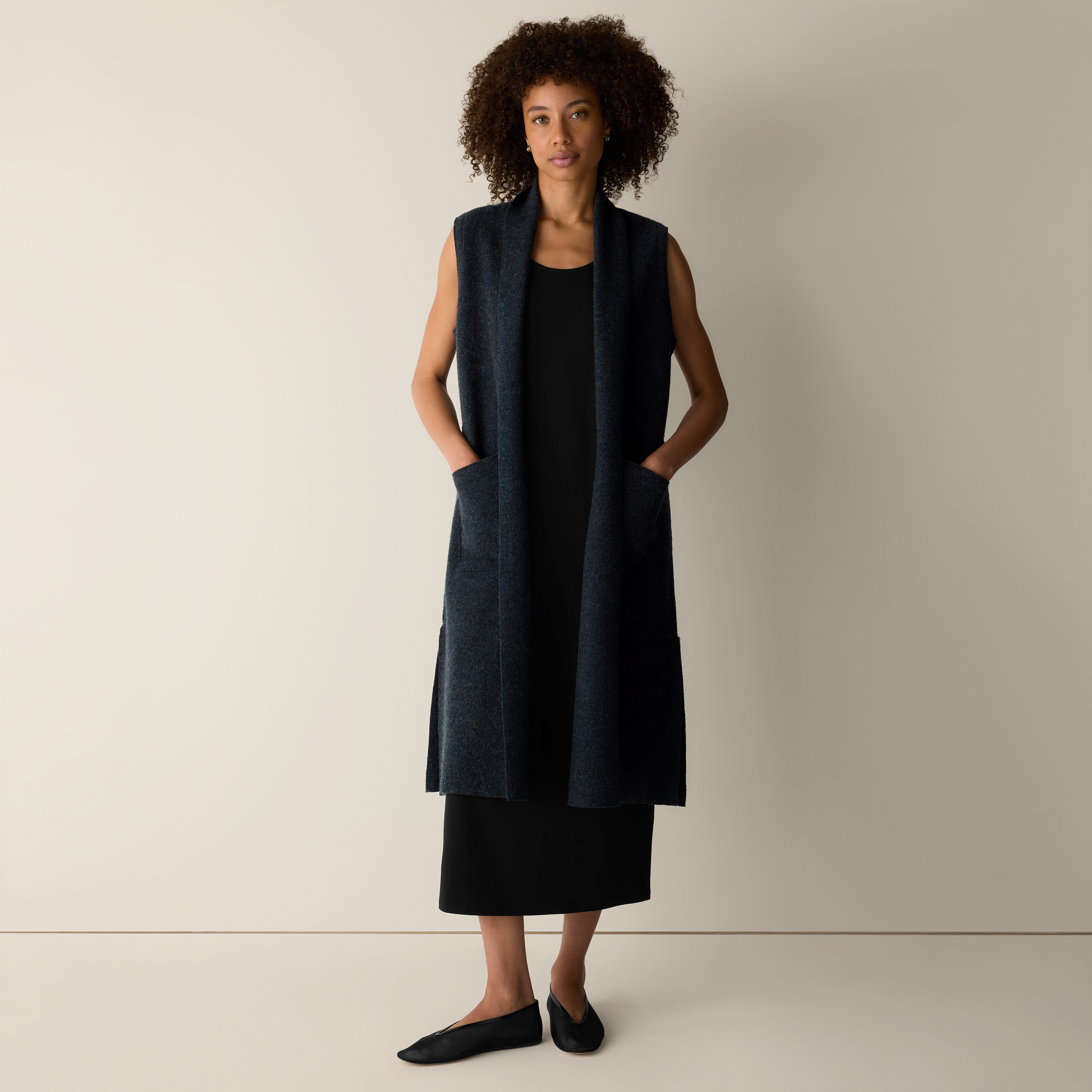 Lightweight Boiled Wool Shawl Collar Vest in Regenerative Wool