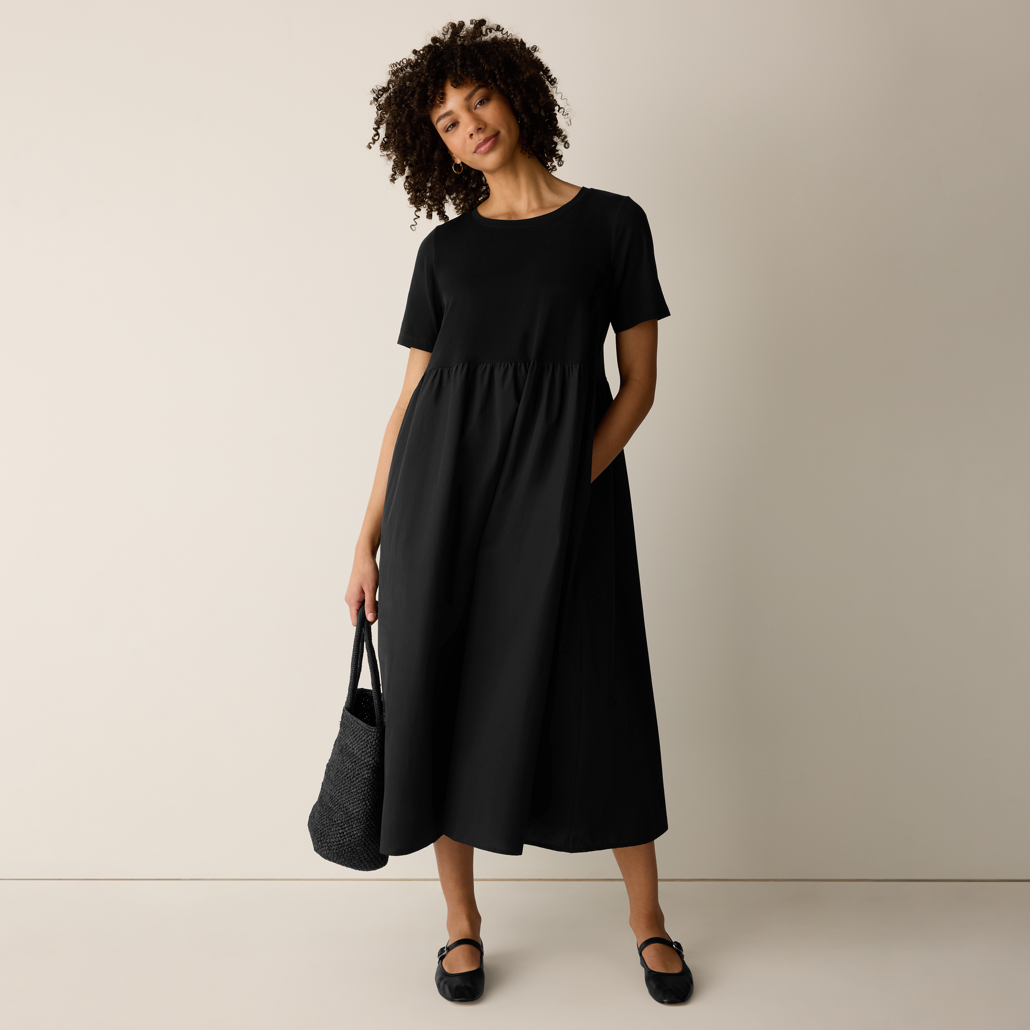 Eileen Fisher - Women's Organic Cotton Poplin Round Neck Dress - Black - Size: Large regular