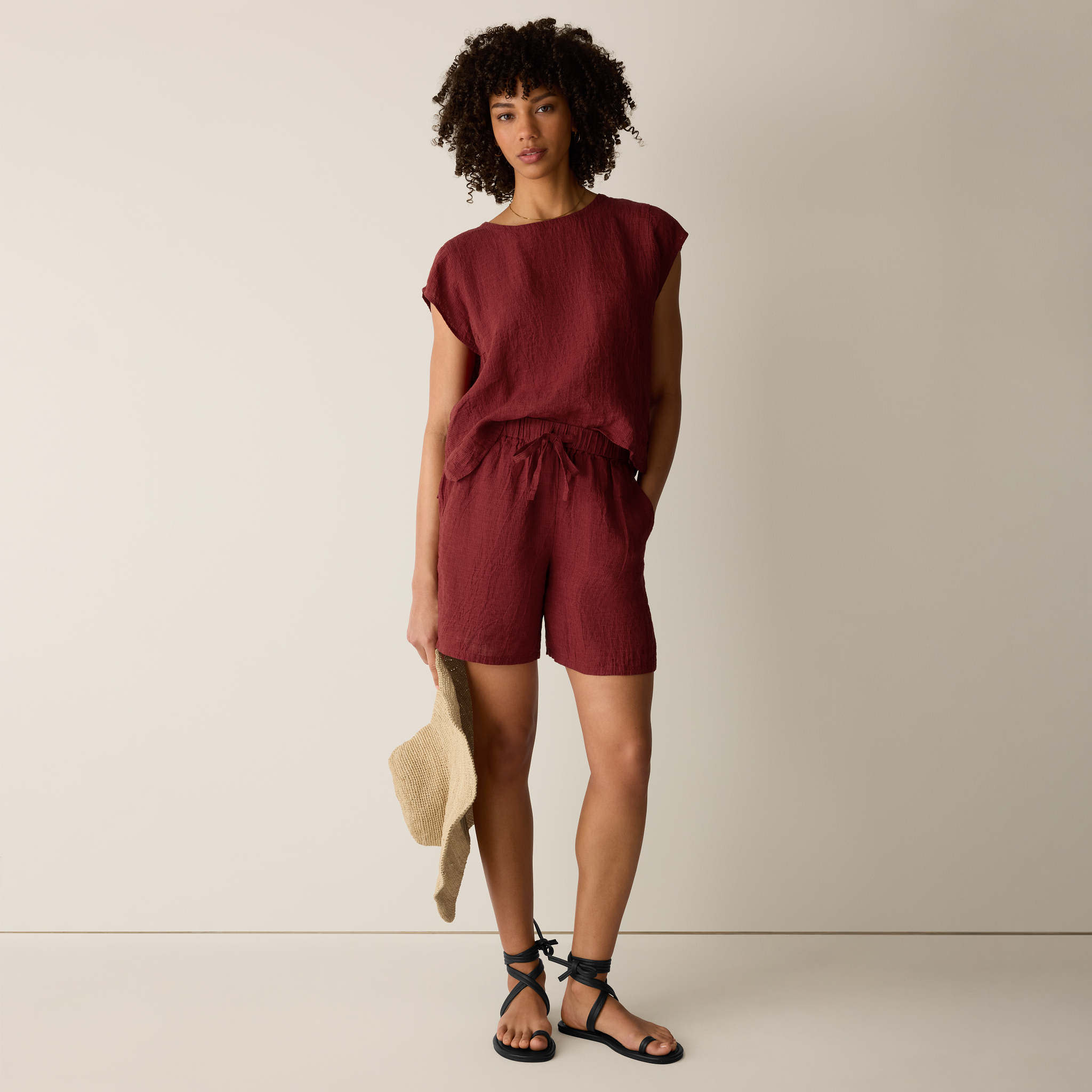 Puckered Organic Linen Stripe Shorts from EILEEN FISHER - $138