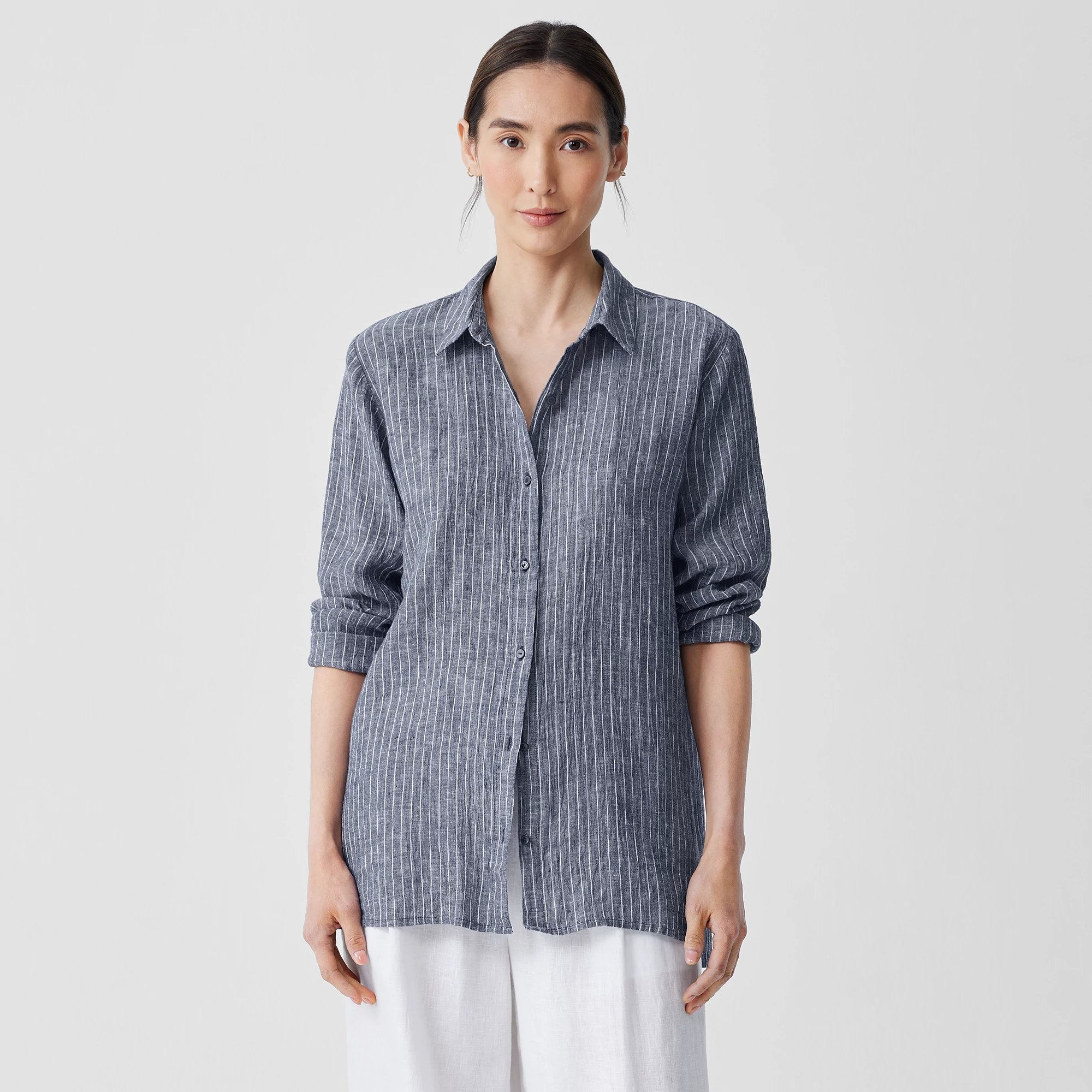 Puckered Organic Linen Classic Collar Long Shirt | EILEEN FISHER