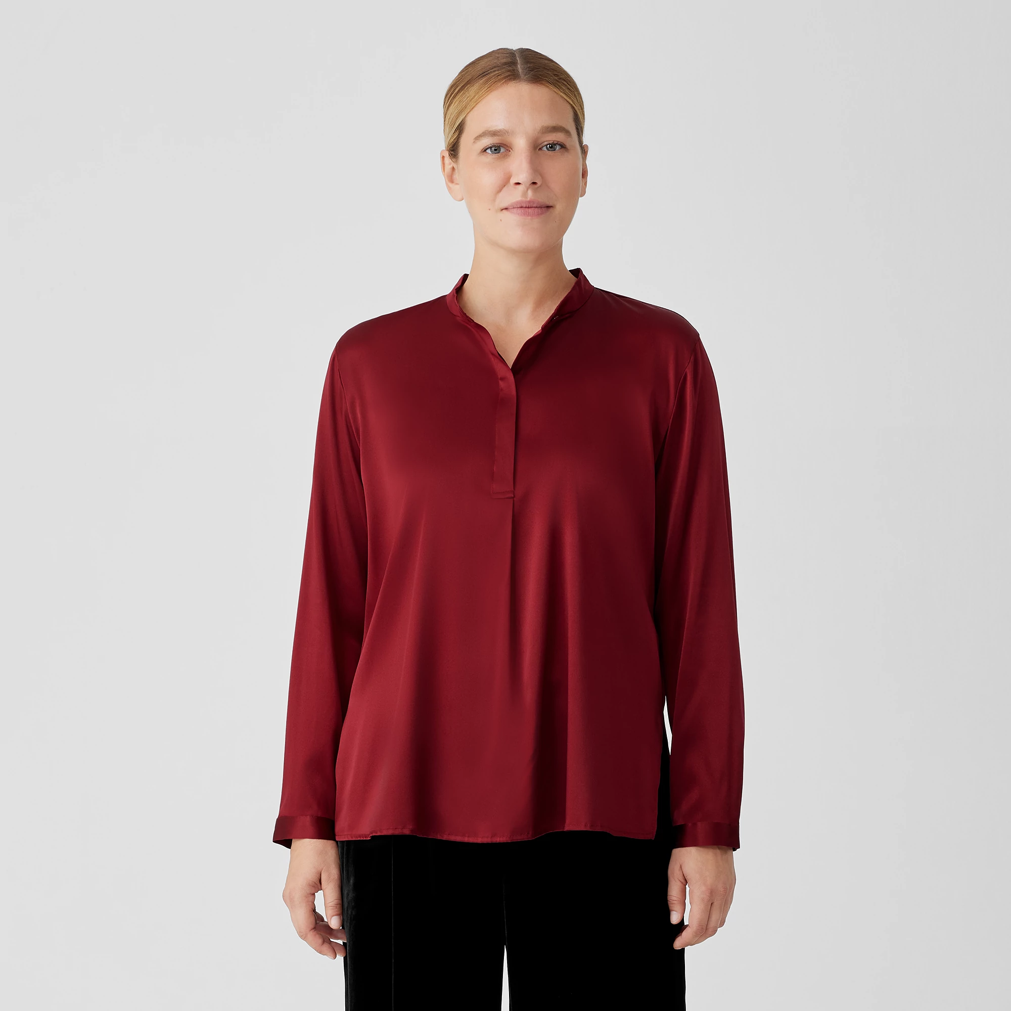 Stretch Silk Charmeuse Mandarin Collar Top EILEEN FISHER