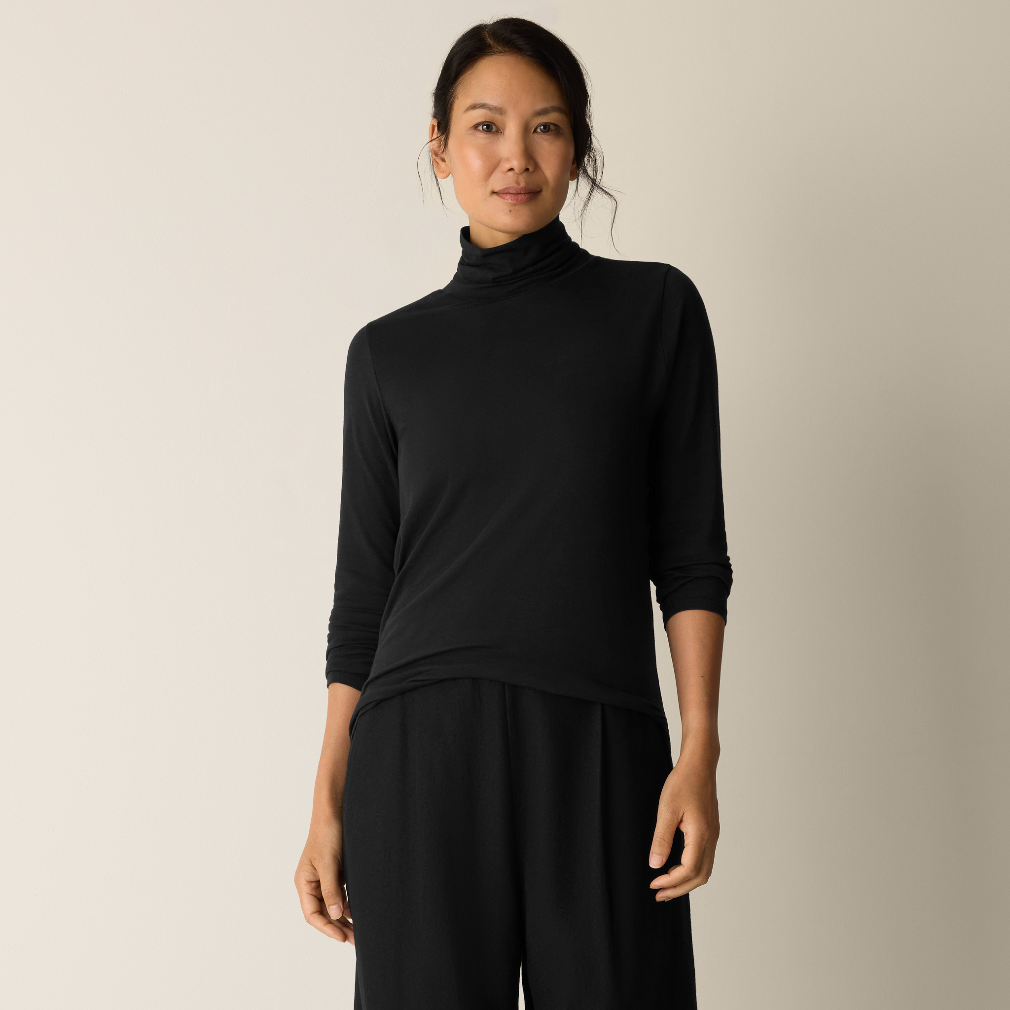 Sheer Cotton Blend Knit Turtleneck Top