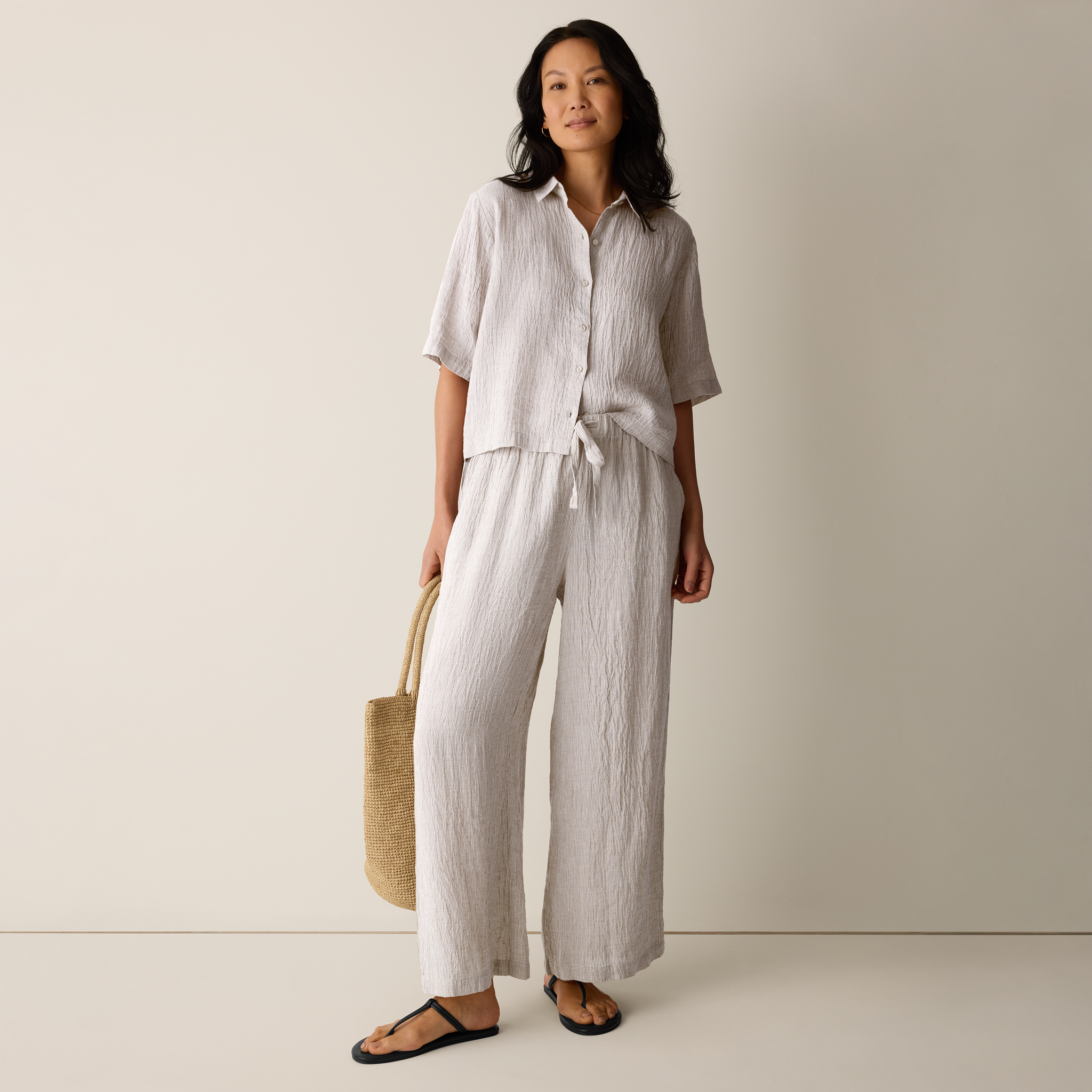 Puckered Organic Linen Stripe Wide-Leg Pant