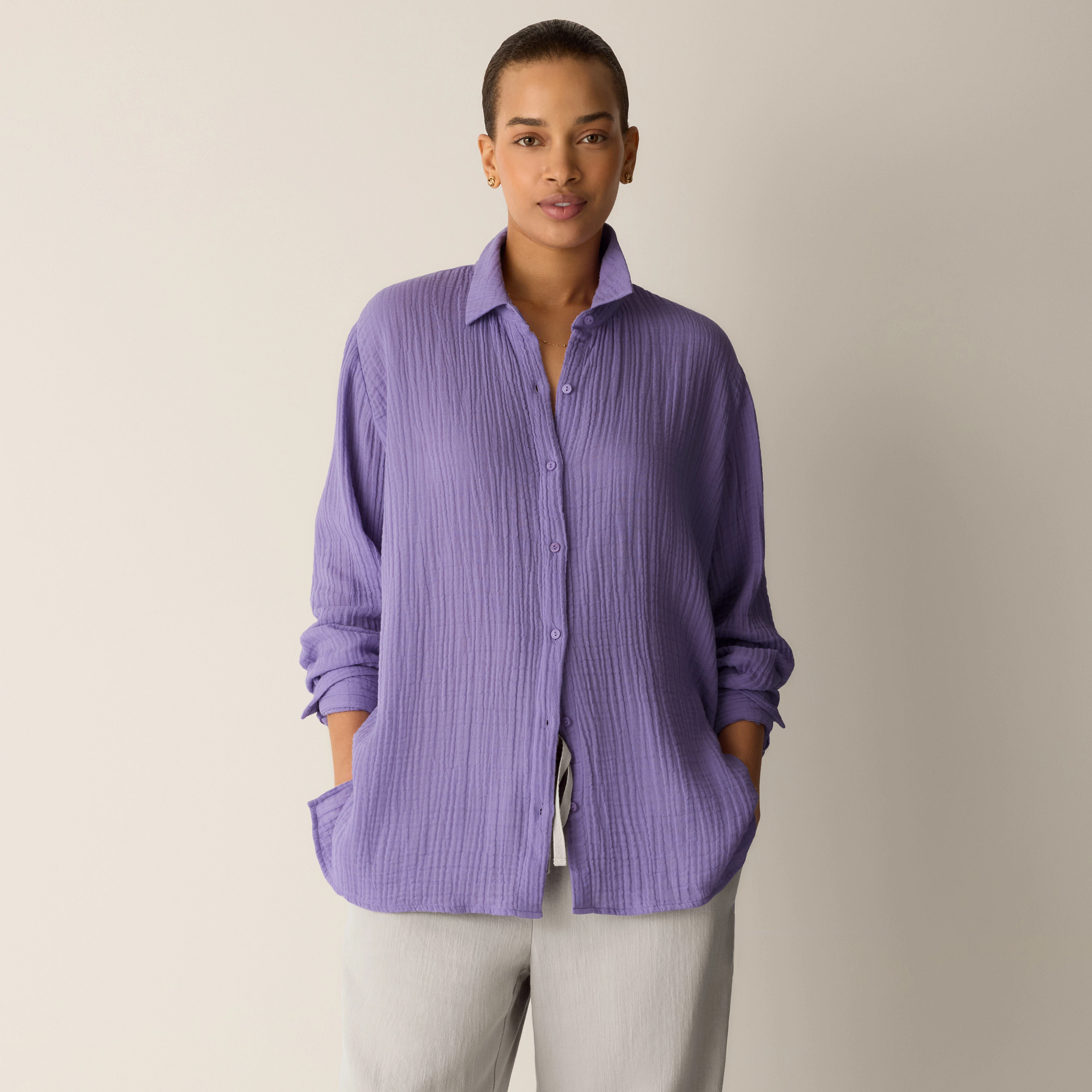 Organic Cotton Lofty Gauze Classic Collar Shirt from EILEEN FISHER - $148