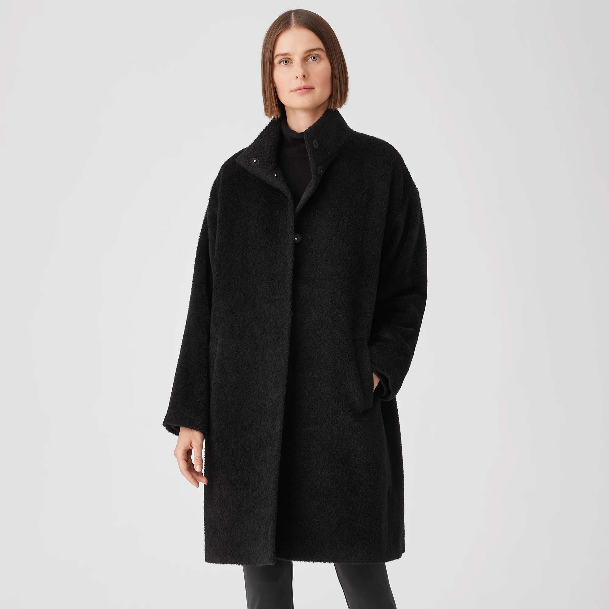 Sheared Suri Alpaca Stand Collar Coat EILEEN FISHER