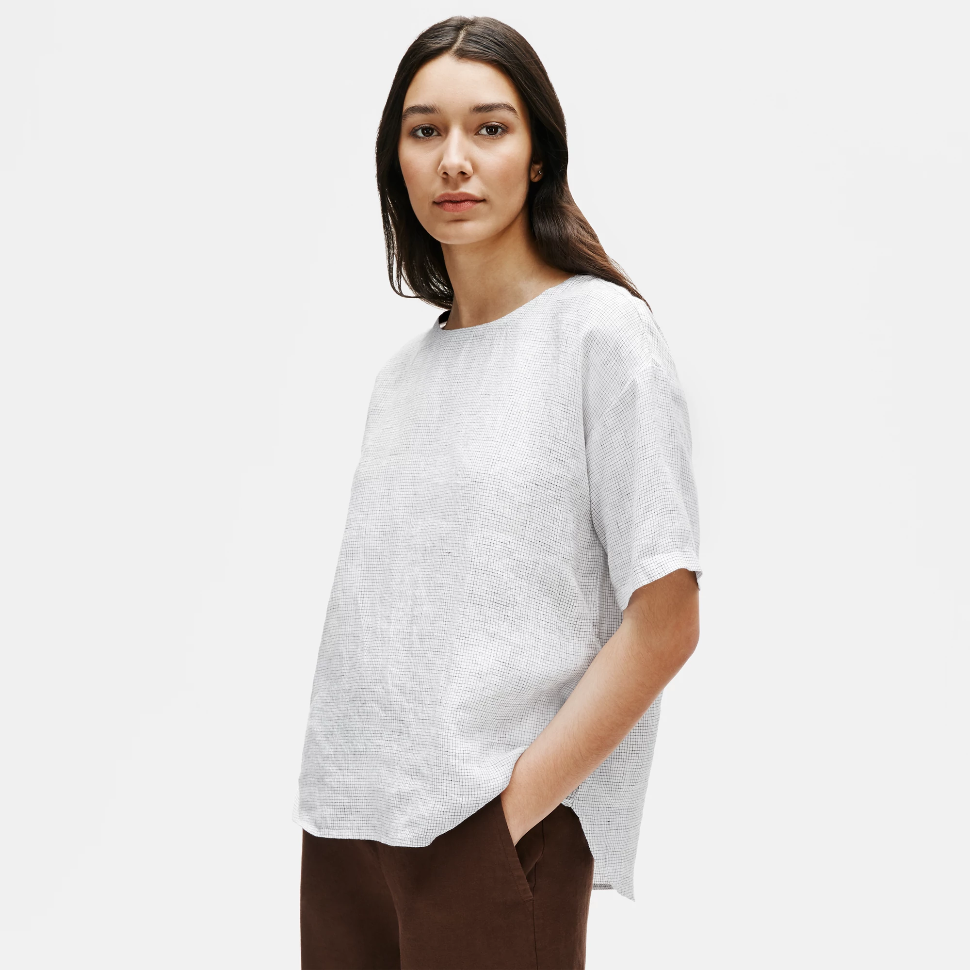 新品未使用 LINEN MEDIUM SCRUNCHIE ホワイト Organic Linen Check Box-Top | EILEEN FISHER
