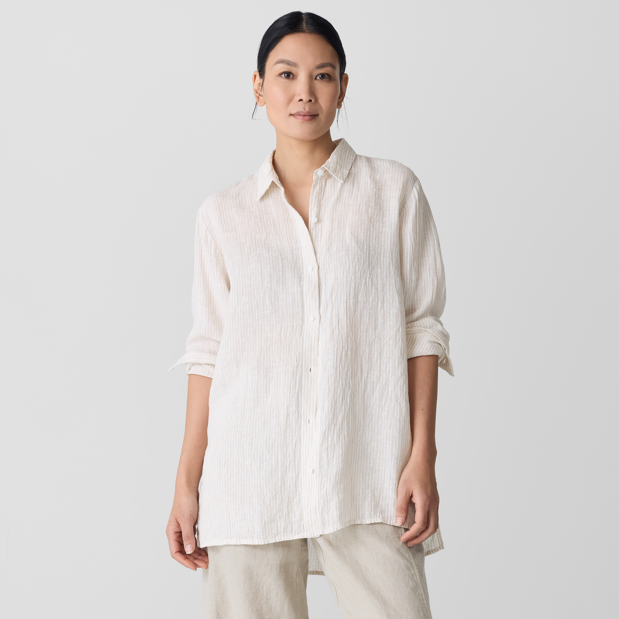 Puckered Organic Linen Stripe Classic Collar Shirt