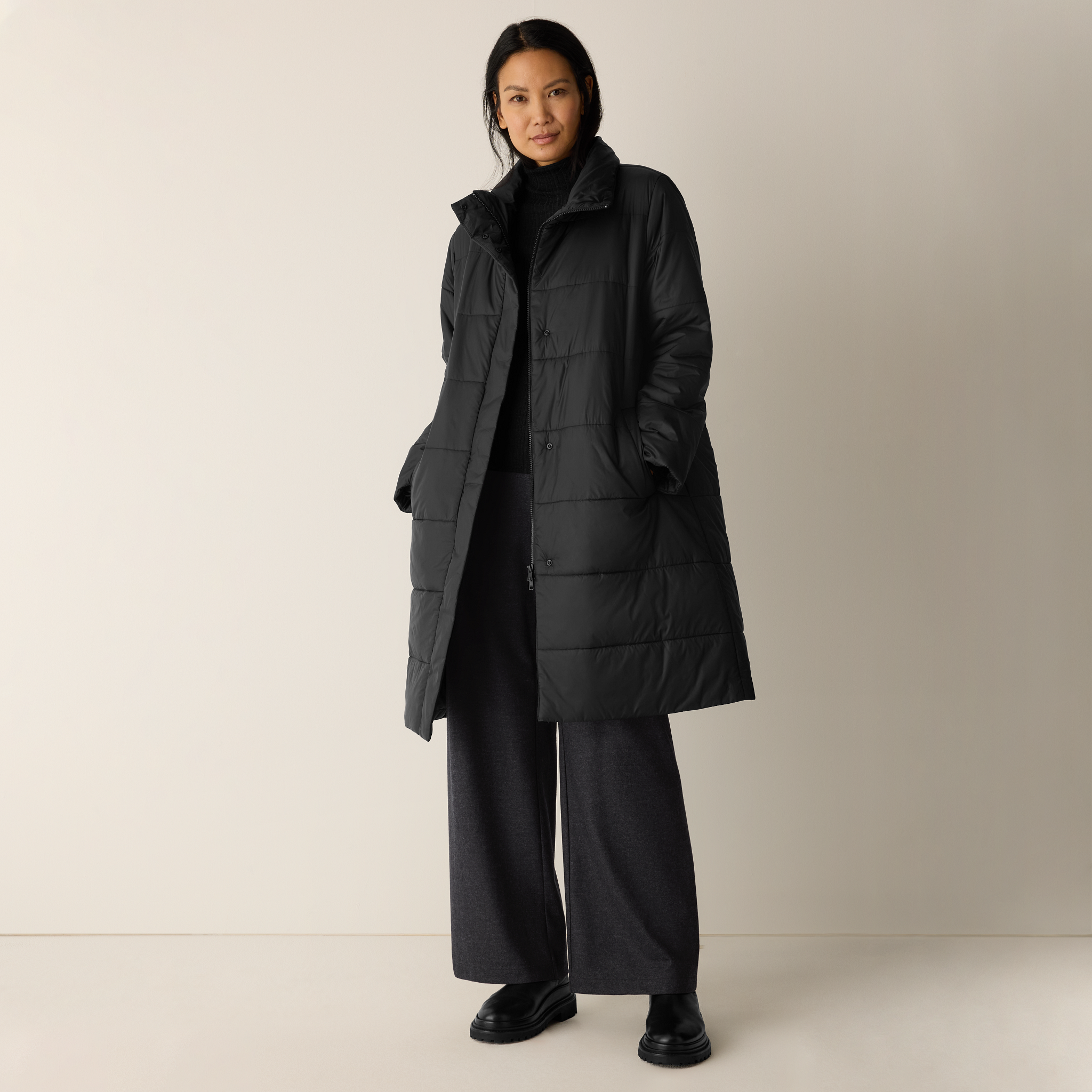 Eggshell Recycled Nylon Stand Collar Coat