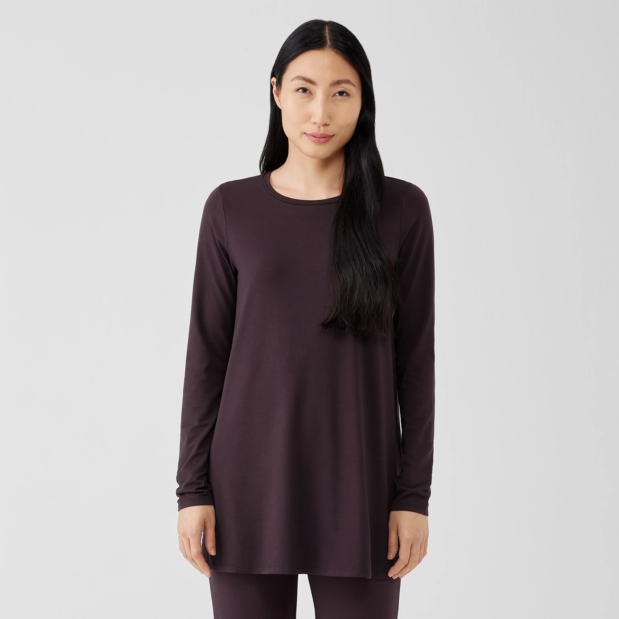 Stretch Jersey Knit Crew Neck Long Top EILEEN FISHER