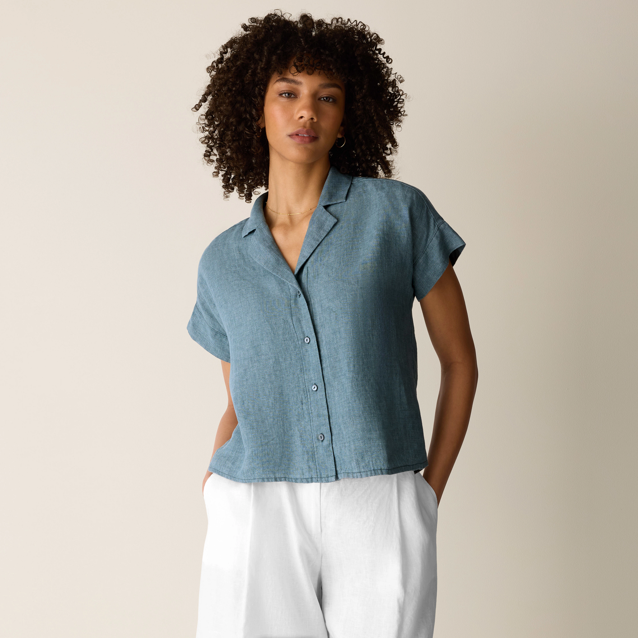 Washed Organic Linen Délavé Notch Collar Shirt from EILEEN FISHER - $188