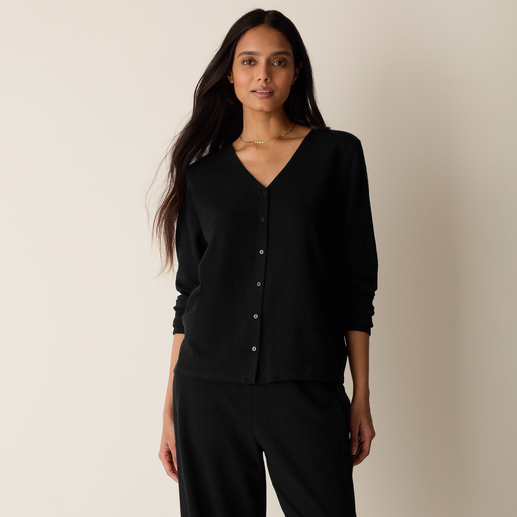 Cross Hatch Stretch Jersey Button-Front Top from EILEEN FISHER - $148