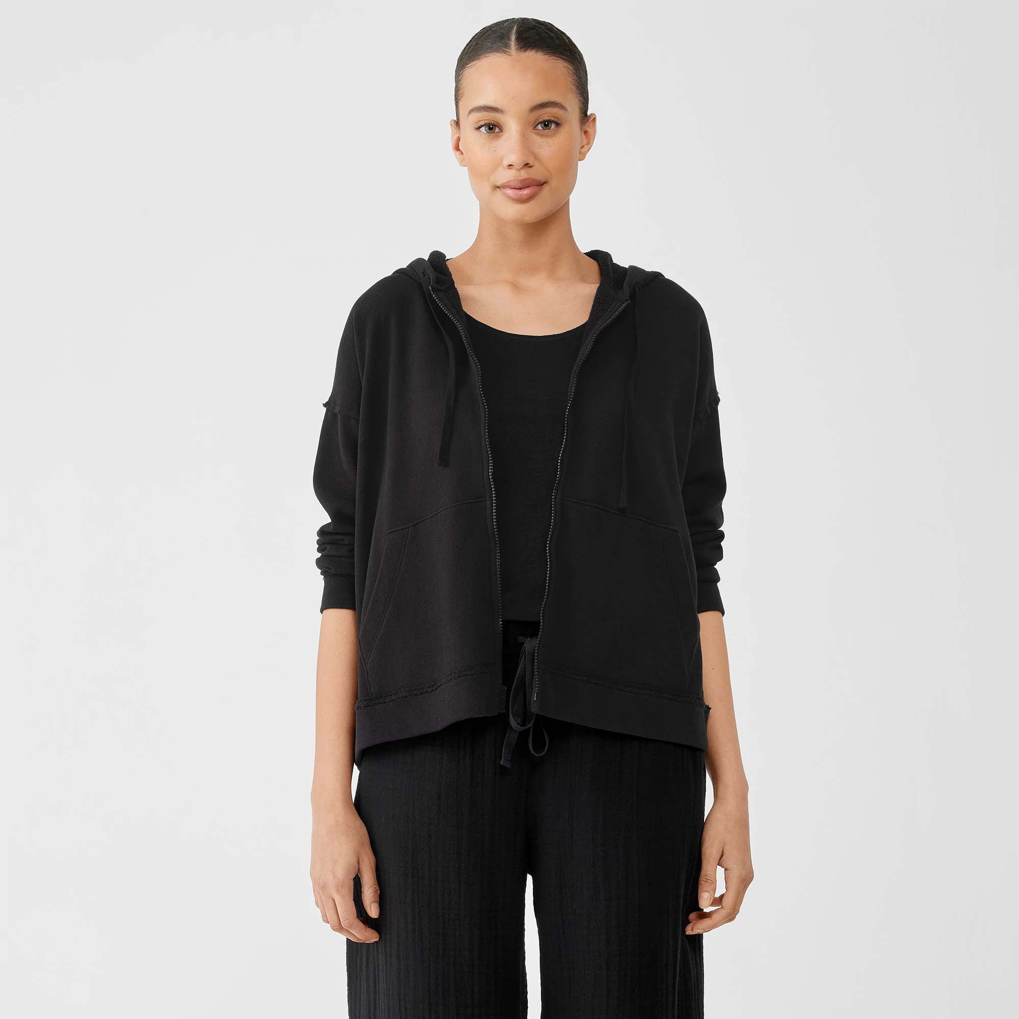 EILEEN FISHER Womens Gray Knit Tie Textured Raw Hem And Cuffs Heather Long Sleeve Hoodie Top main image 0