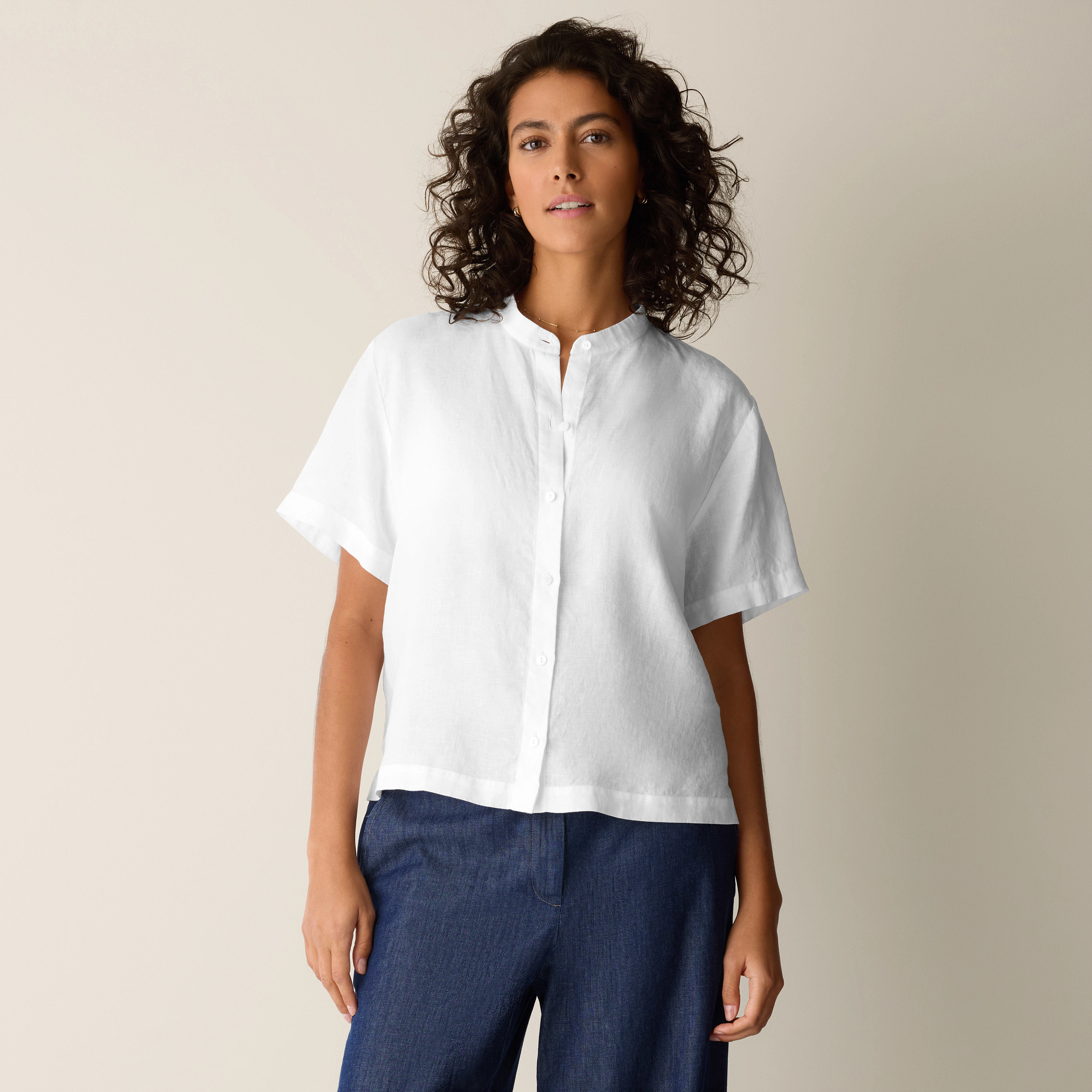 Organic Handkerchief Linen Band Collar Shirt