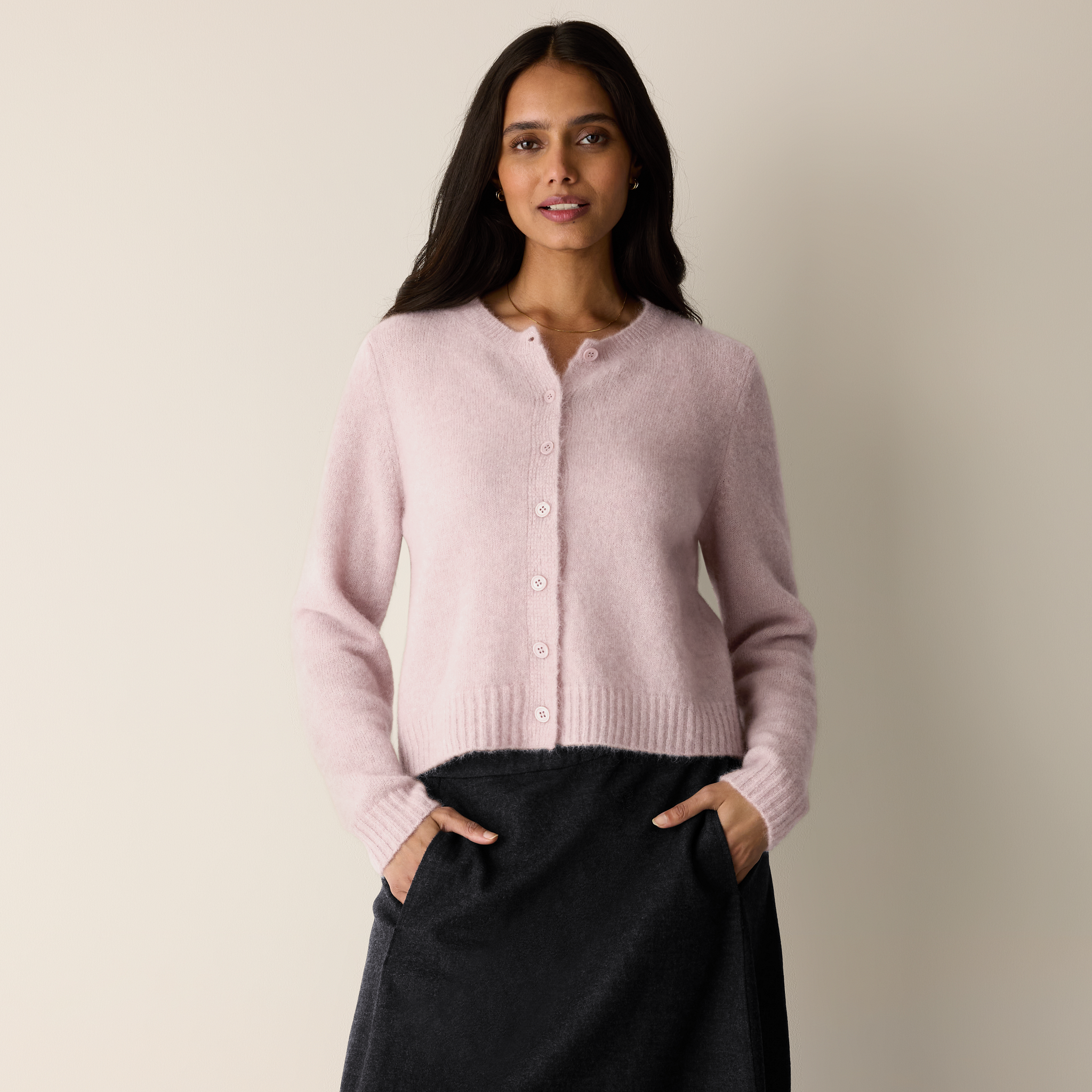 Mohair Plush Mélange Crew Neck Cardigan | EILEEN FISHER