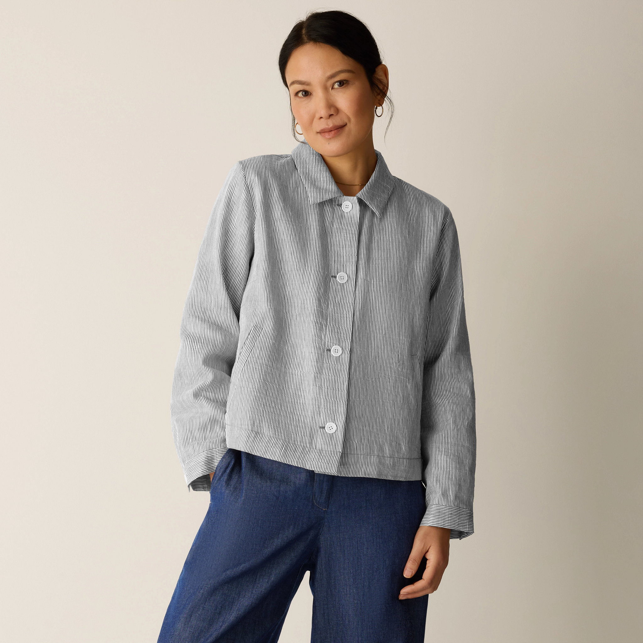 Striped Linen Sheen Classic Collar Jacket