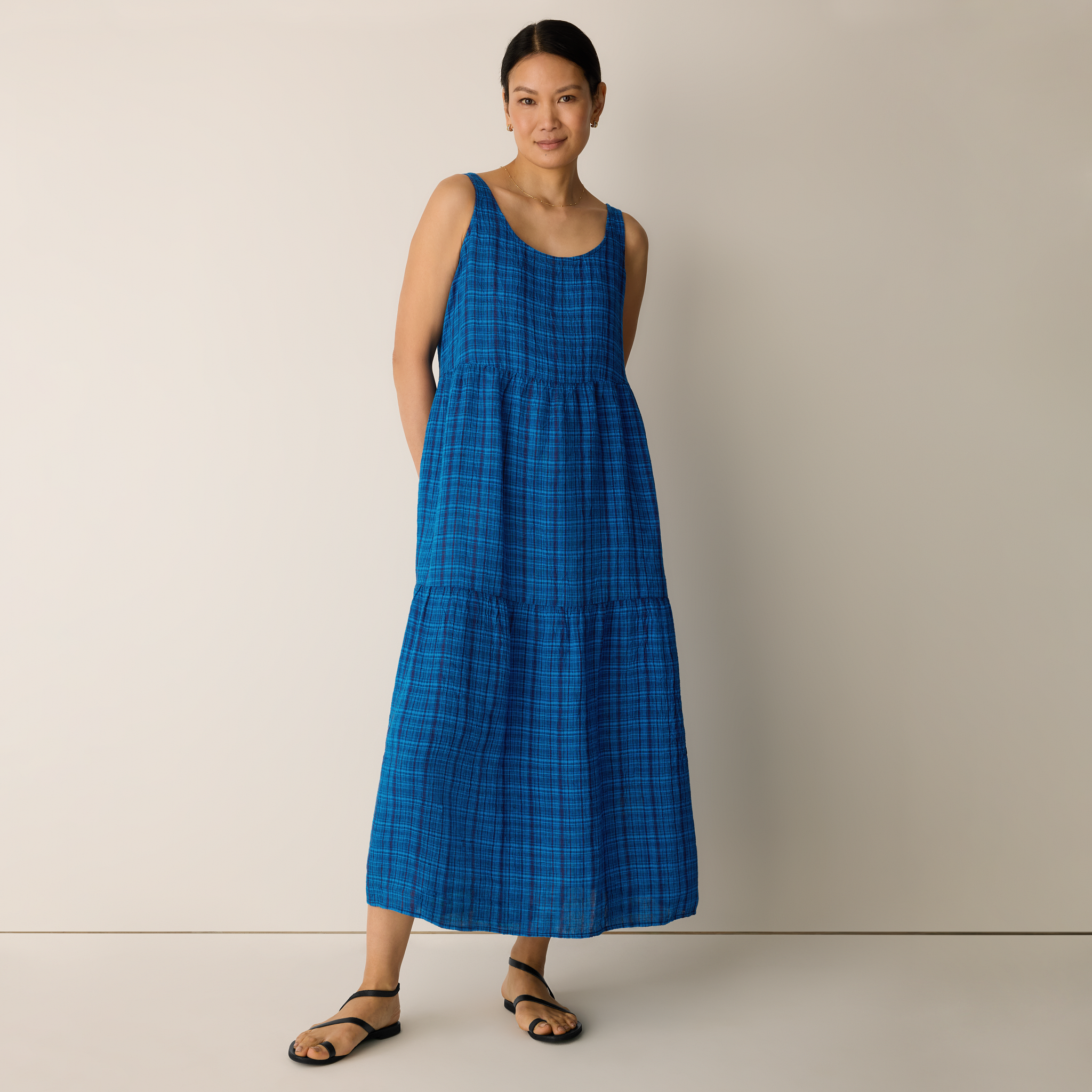 Puckered Organic Linen Plaid Tiered Dress from EILEEN FISHER - $228