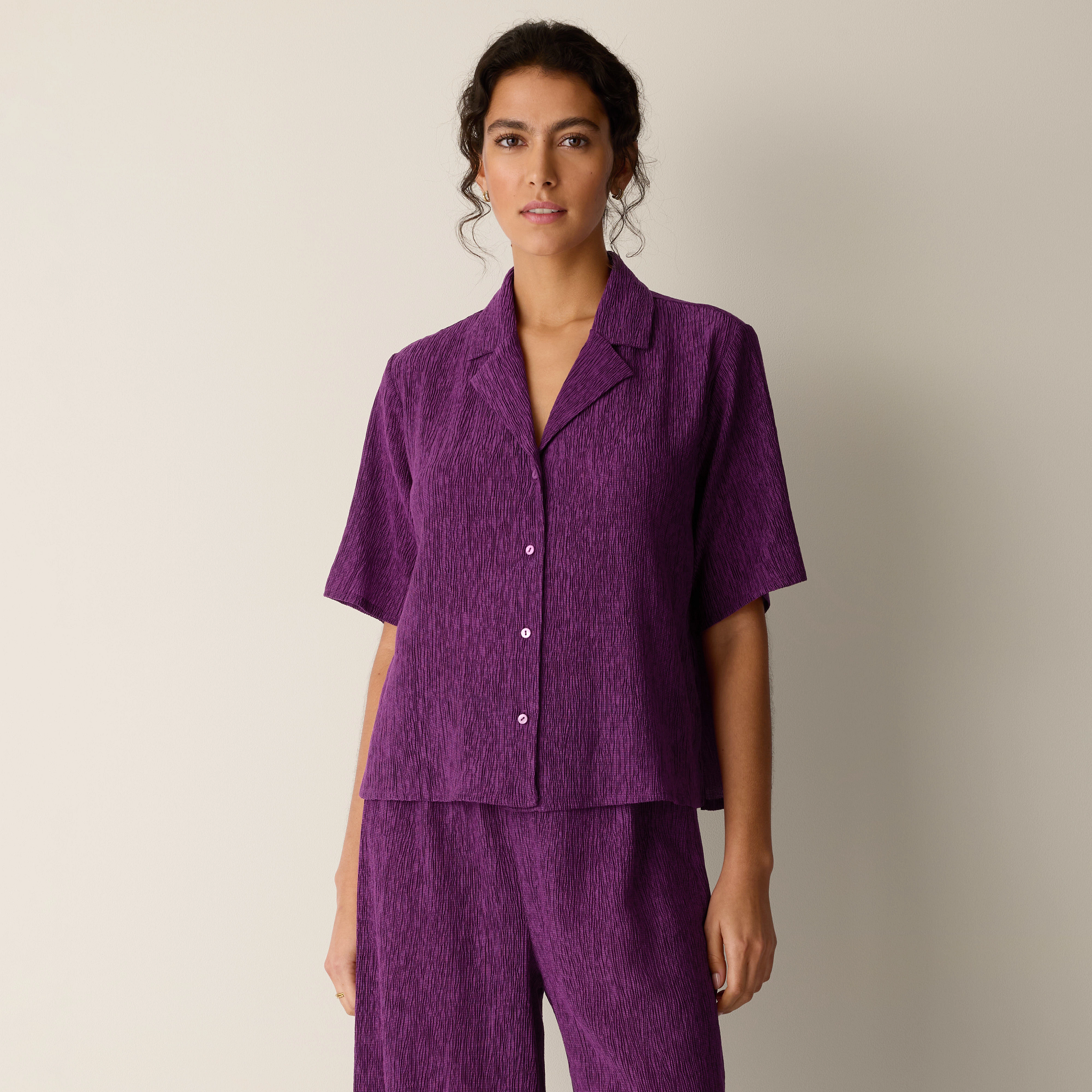 Woven Plissé Notch Collar Shirt from EILEEN FISHER - $168