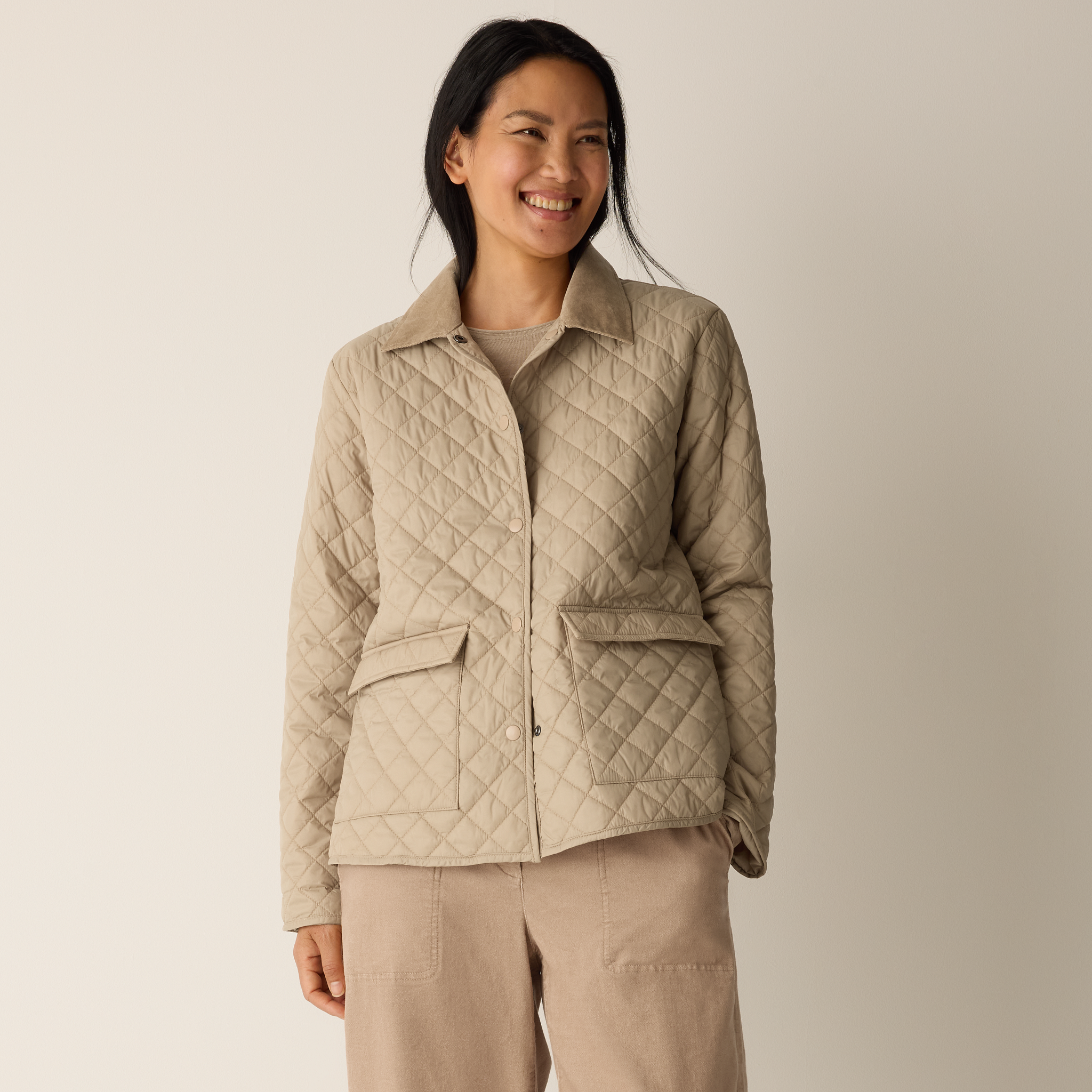 Eggshell Recycled Nylon Quilted Classic Collar Jacket