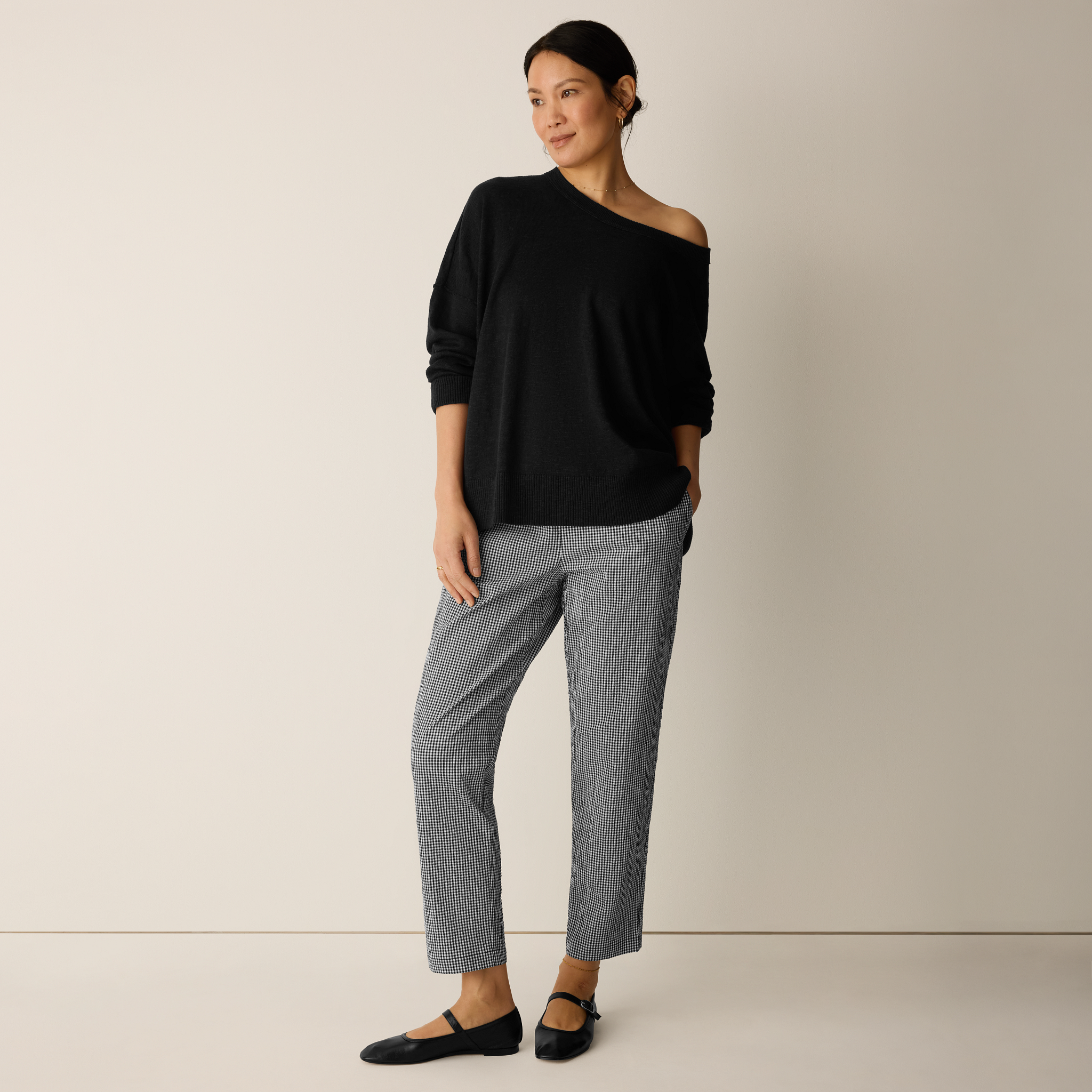 Organic Cotton Pucker Check Tapered Pant from EILEEN FISHER - $188