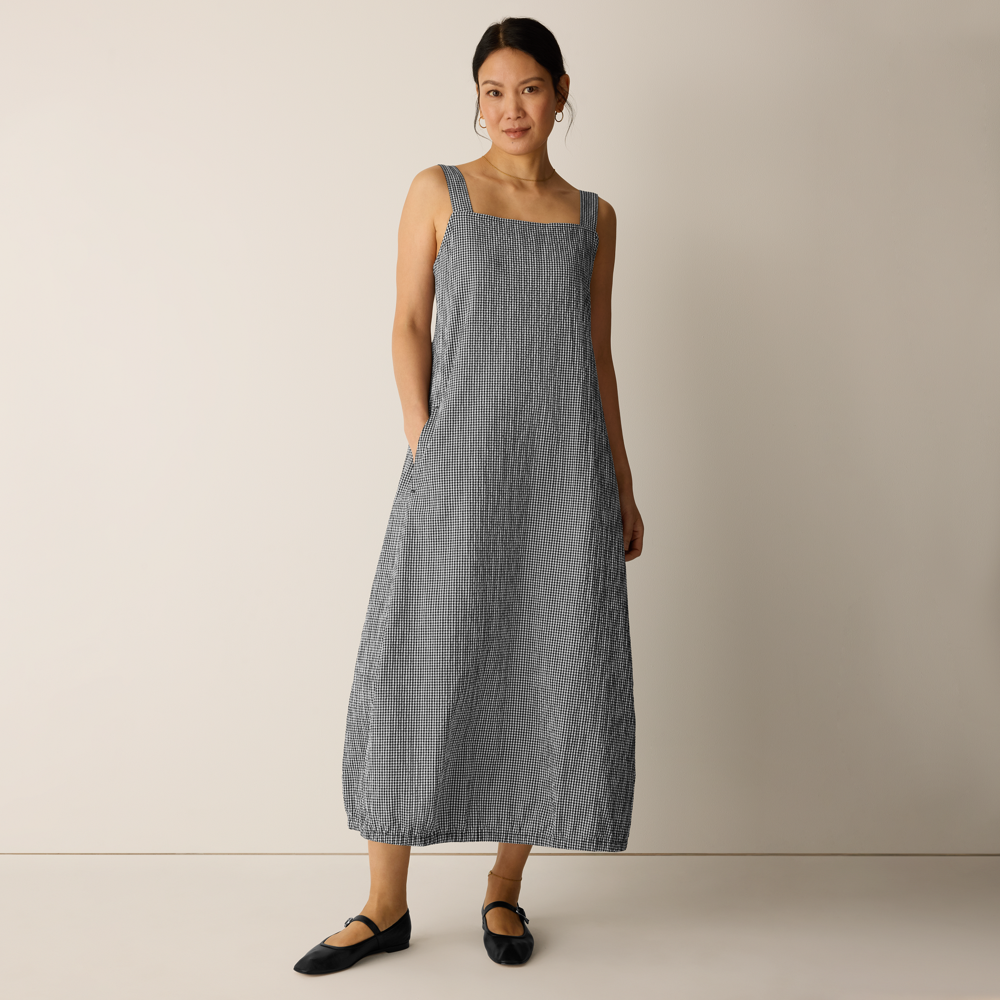 Organic Cotton Pucker Check Lantern Dress from EILEEN FISHER - $198