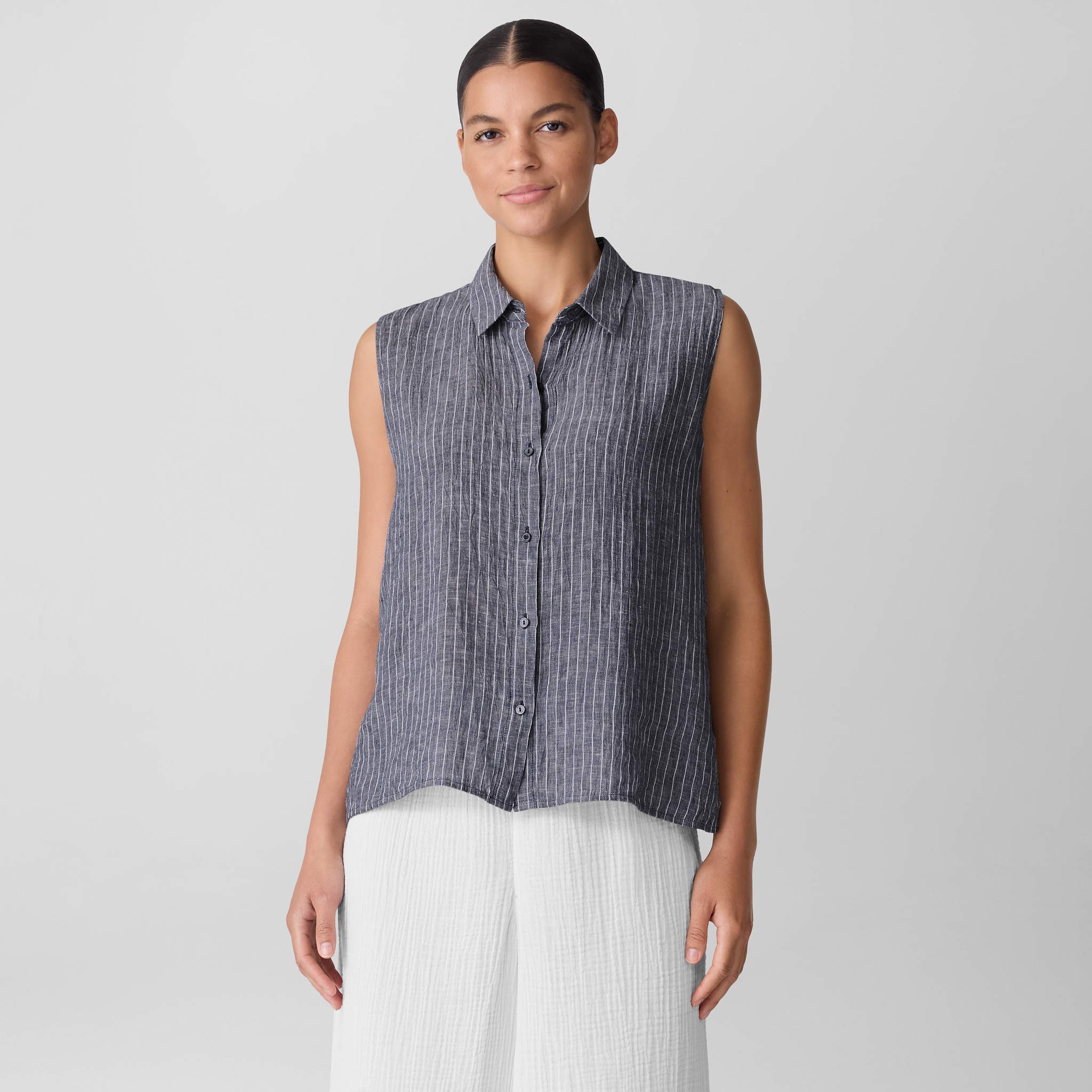 Puckered Organic Linen Sleeveless Shirt