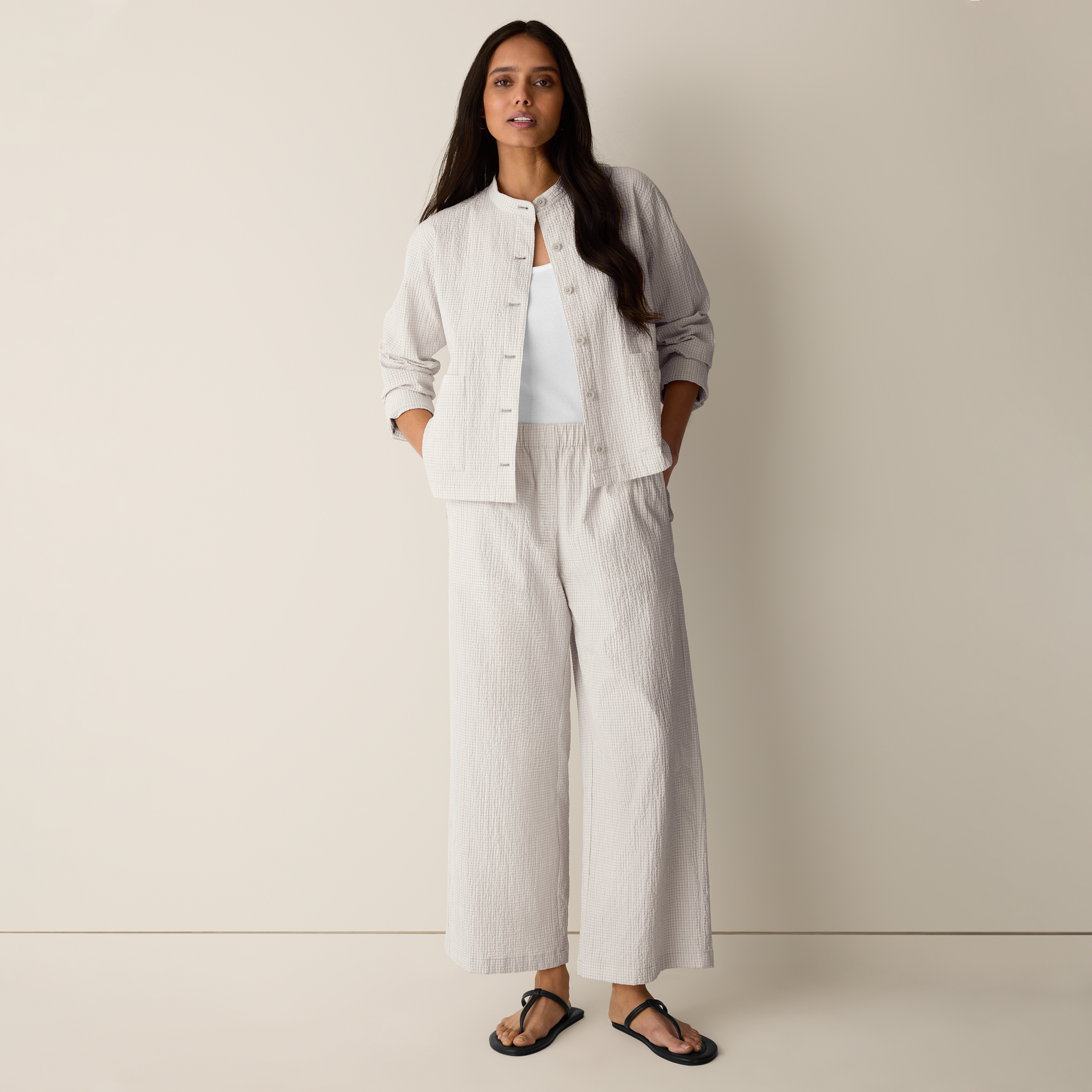 Organic Cotton Pucker Check Wide-Leg Pant from EILEEN FISHER - $188
