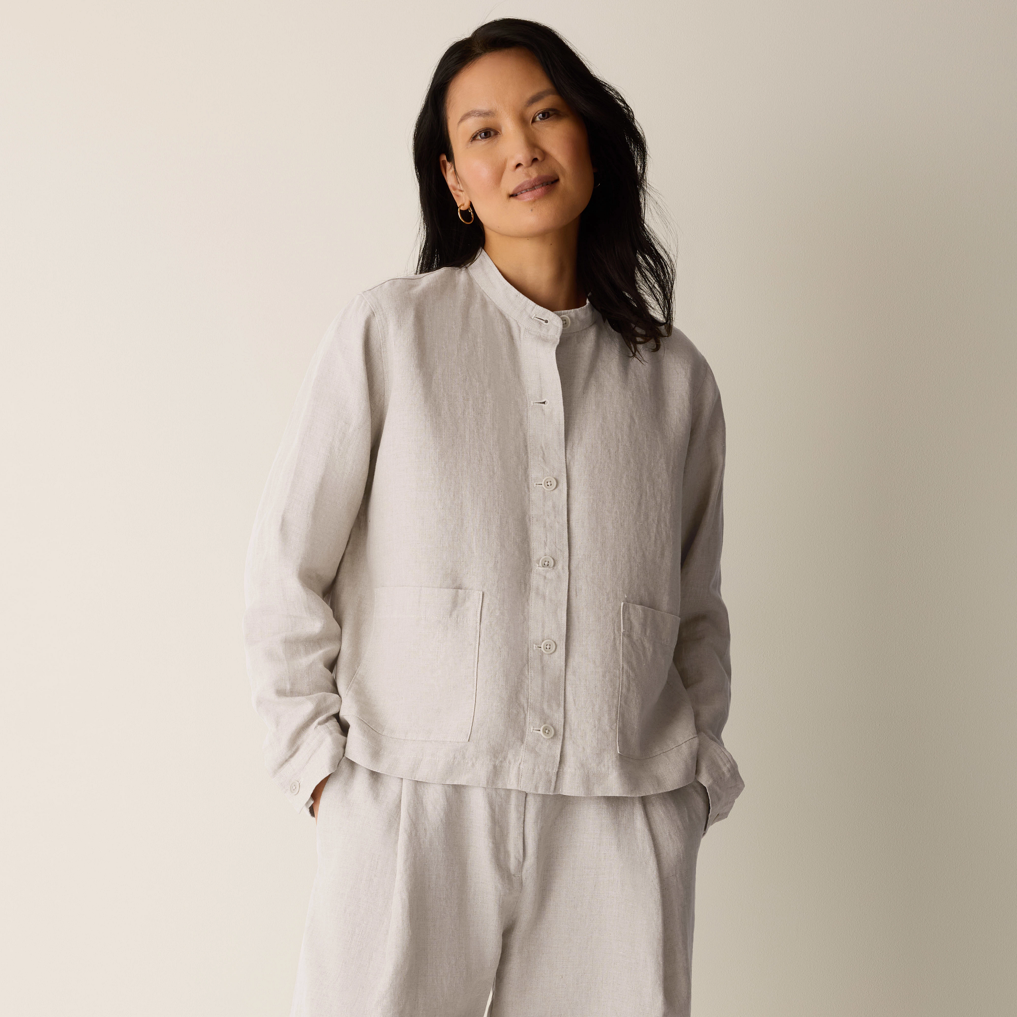 Organic Linen Band Collar Shirt Jacket from EILEEN FISHER - $248