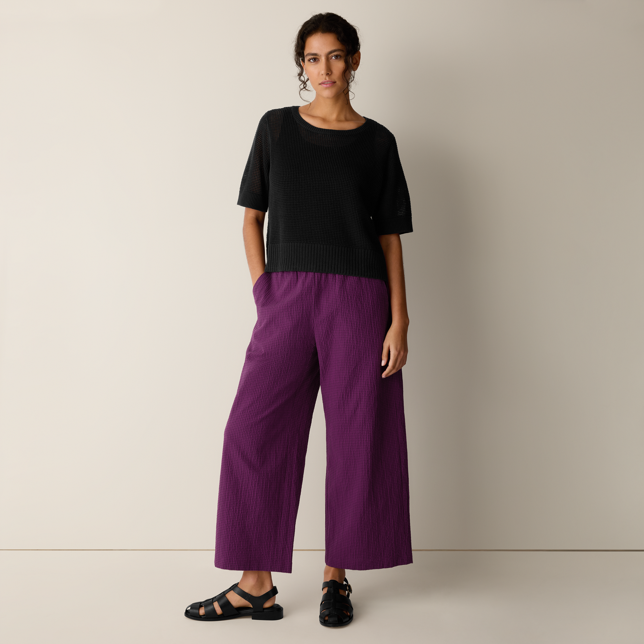 Organic Cotton Pucker Check Wide-Leg Pant from EILEEN FISHER - $188
