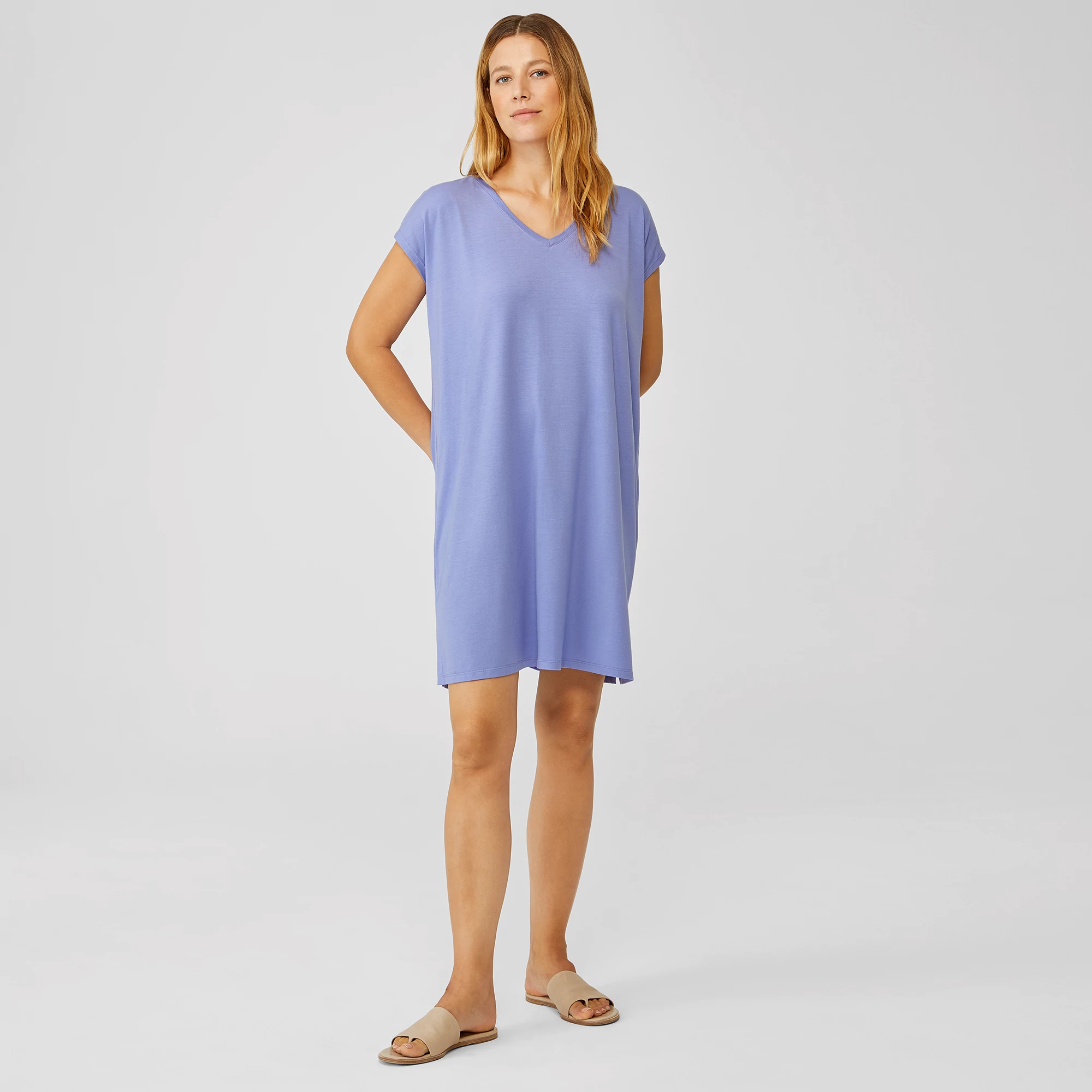 EILEEN FISHER Womens Green Stretch Sleeveless Round Neck Above The Knee Shift Dress