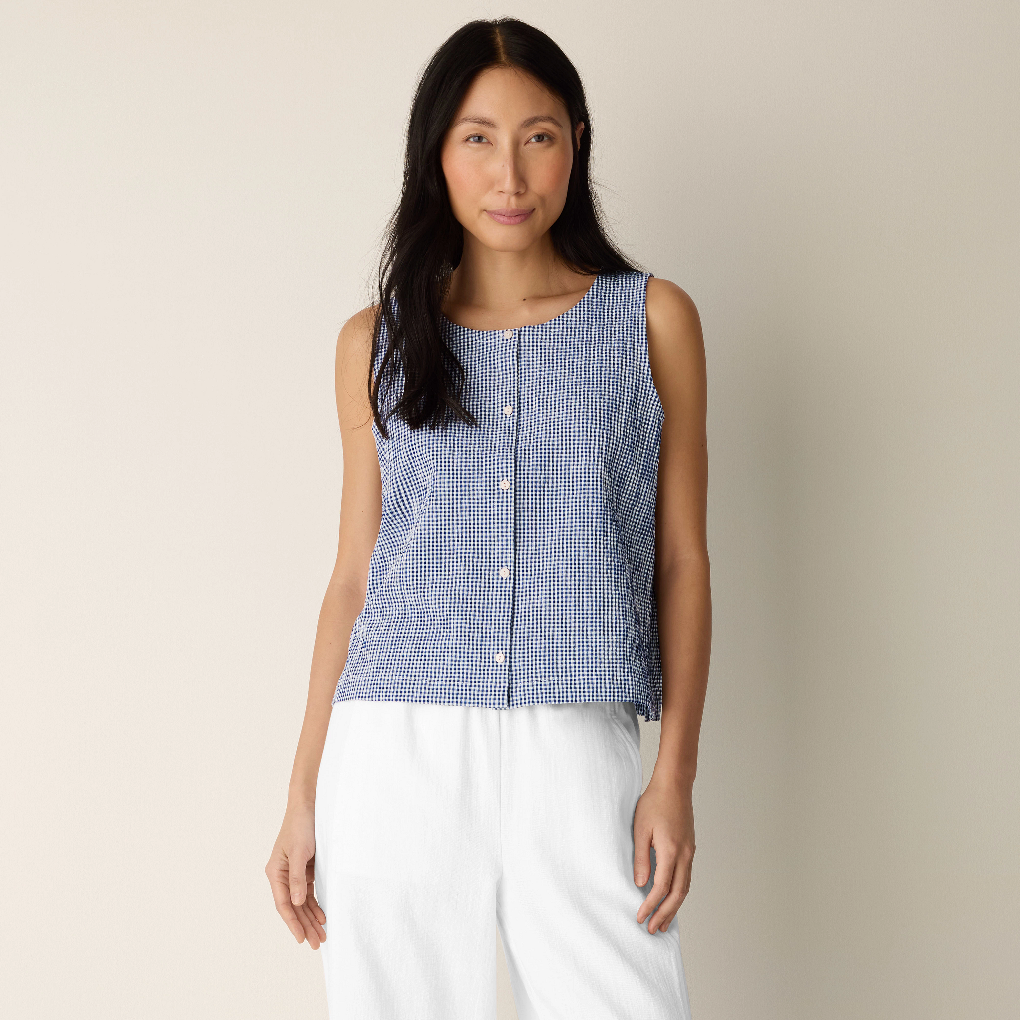 Organic Cotton Pucker Check Vest from EILEEN FISHER - $128