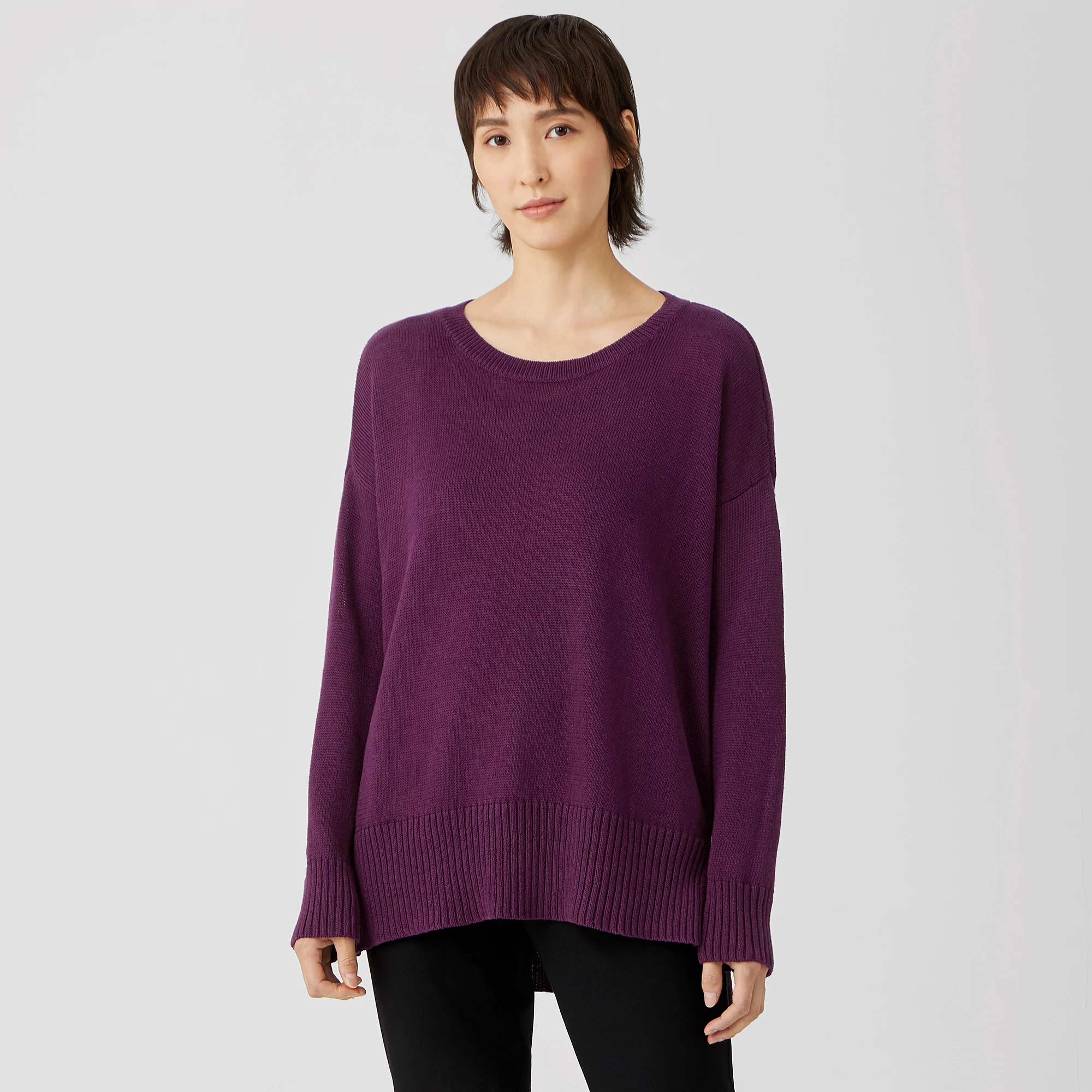 EILEEN FISHER Womens White Ribbed Sheer Long Sleeve Round Neck Top