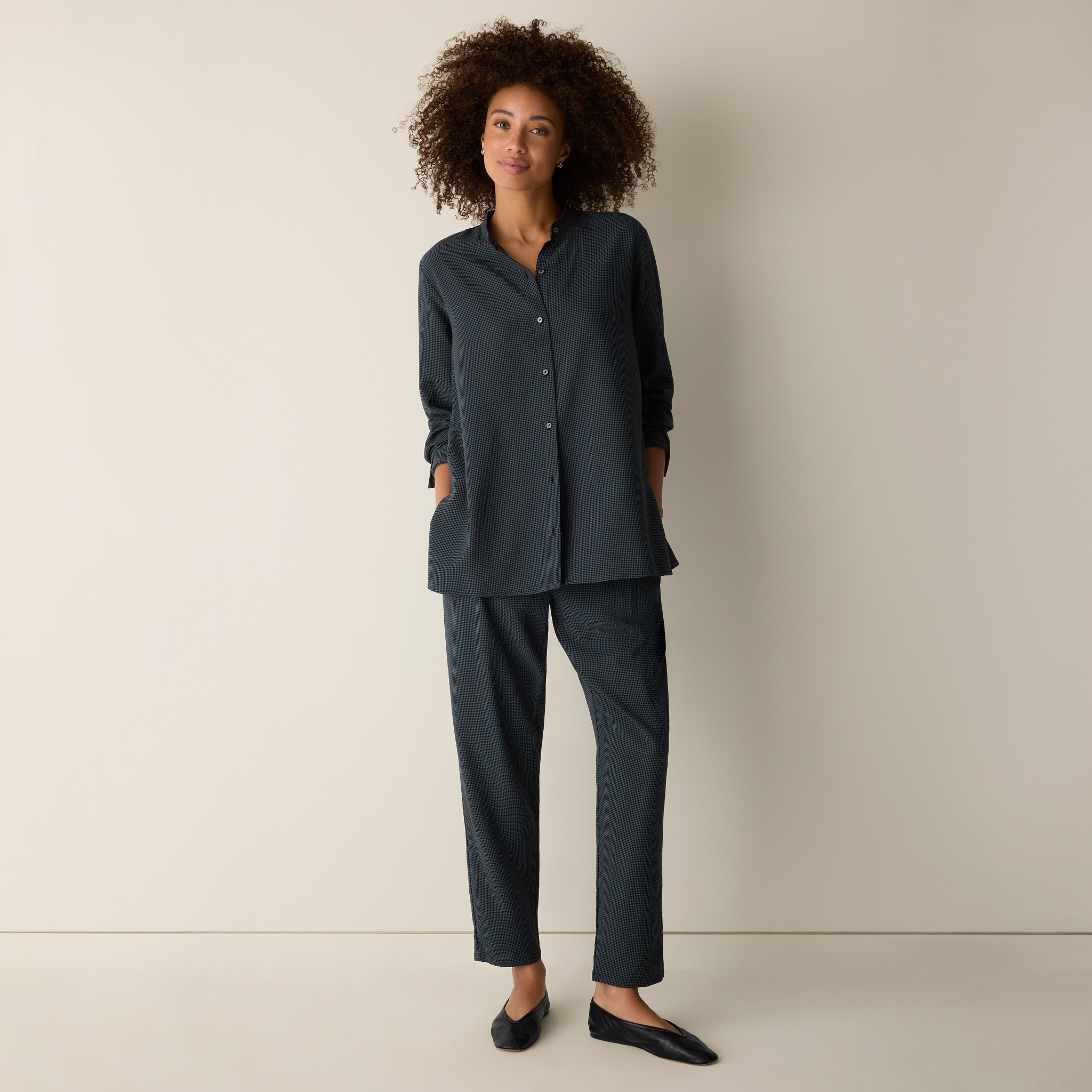 Mini Check Crepe Band Collar Top from EILEEN FISHER - $198