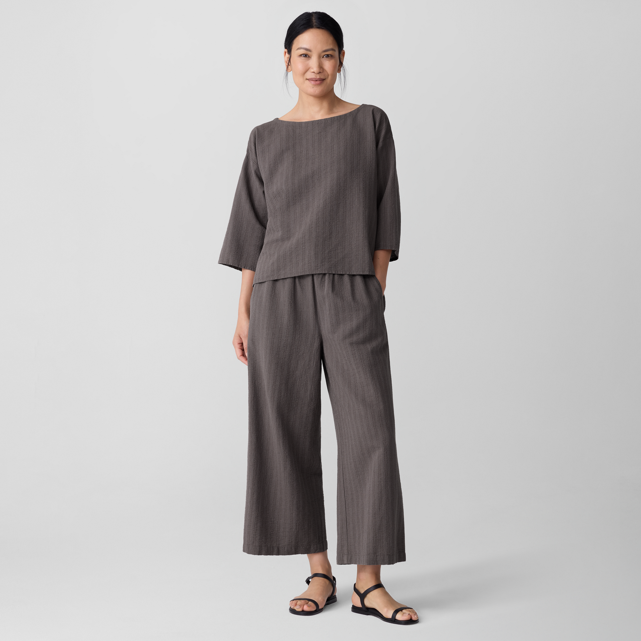 Cotton Blend Stripe Stitch Wide-Leg Pant from EILEEN FISHER - $119.20