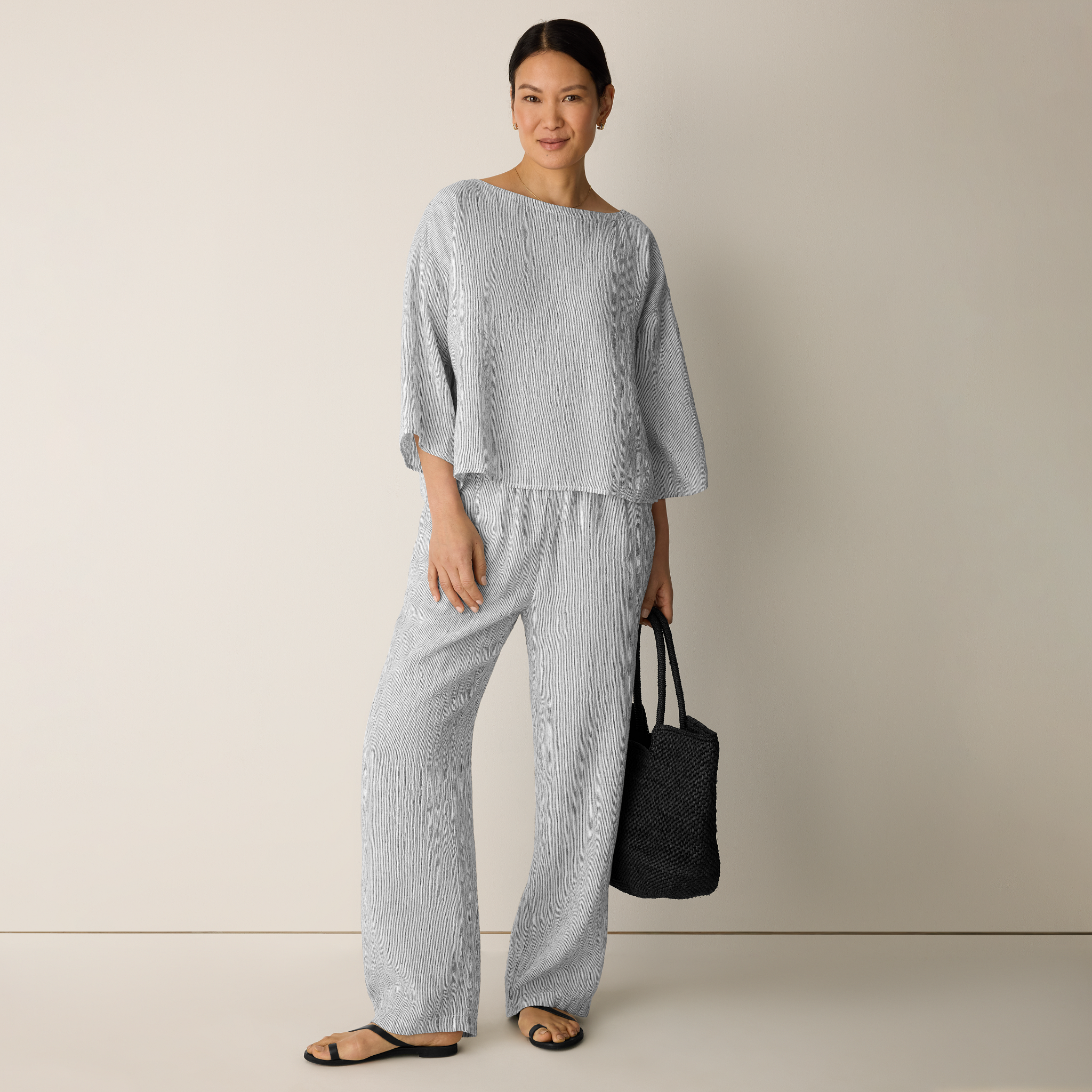 Puckered Organic Linen Stripe Straight Pant from EILEEN FISHER - $188