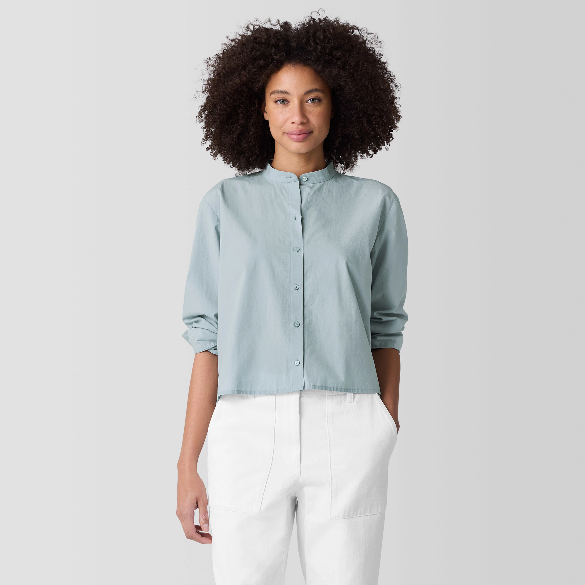 Washed Organic Cotton Poplin Band Collar Short Shirt